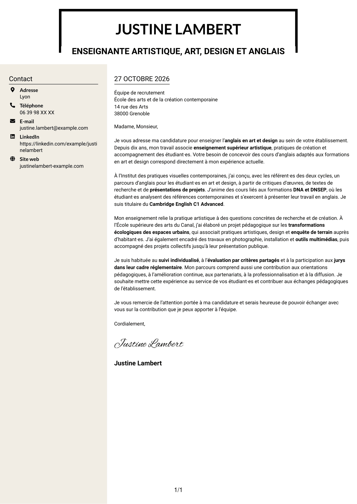 Lettre de motivation Fonceur (format à deux colonnes avec en-tête centré sans photo) : Enseignant artistique - Anglais Art et Design, page 1