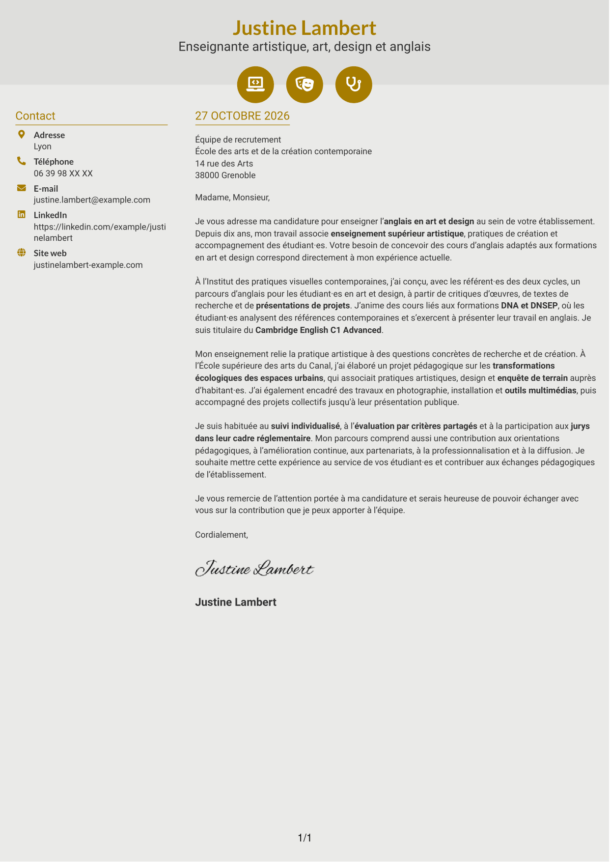 Lettre de motivation Dynamique (format à deux colonnes avec icônes) : Enseignant artistique - Anglais Art et Design, page 1