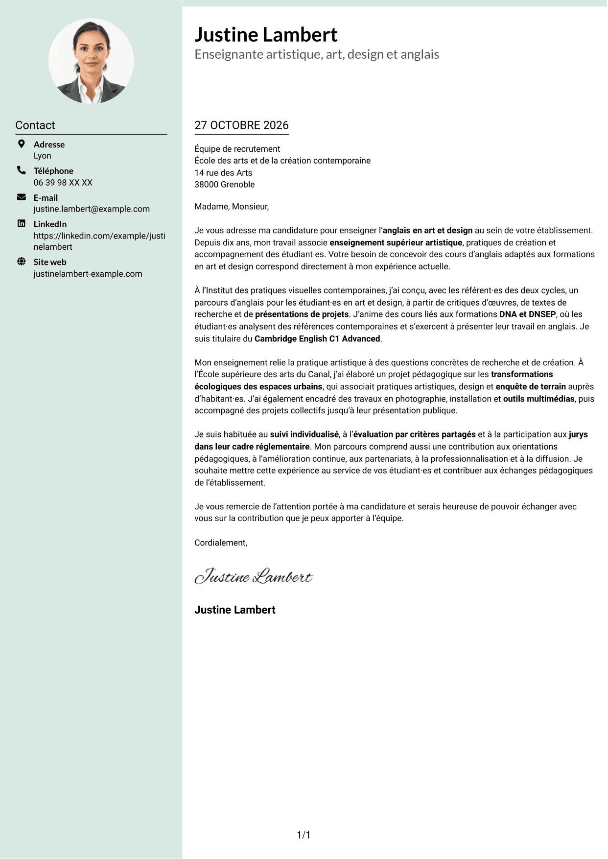 Lettre de motivation Cadre (format à colonne latérale douce avec photo arrondie) : Enseignant artistique - Anglais Art et Design, page 1