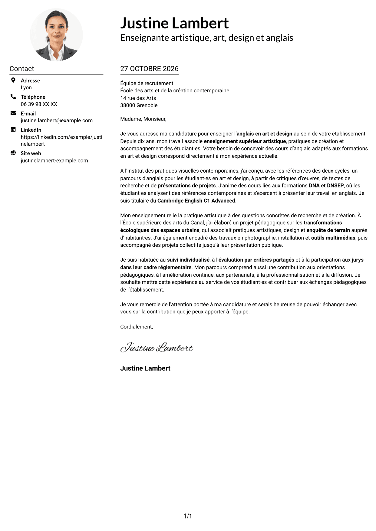 Exemple de lettre de motivation — page 1
