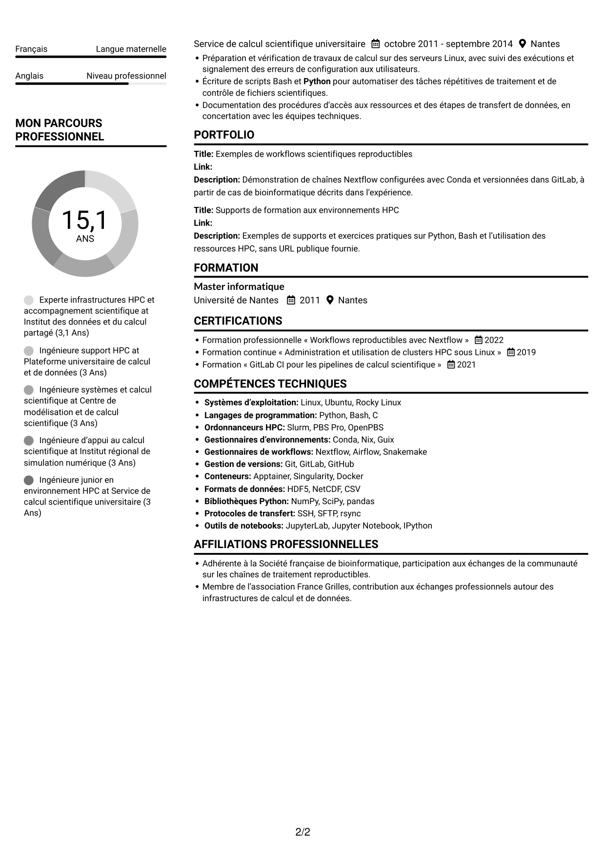 CV Compact (format sobre à deux colonnes avec photo) : Expert en calcul scientifique - Infrastructures HPC et données de santé, page 2