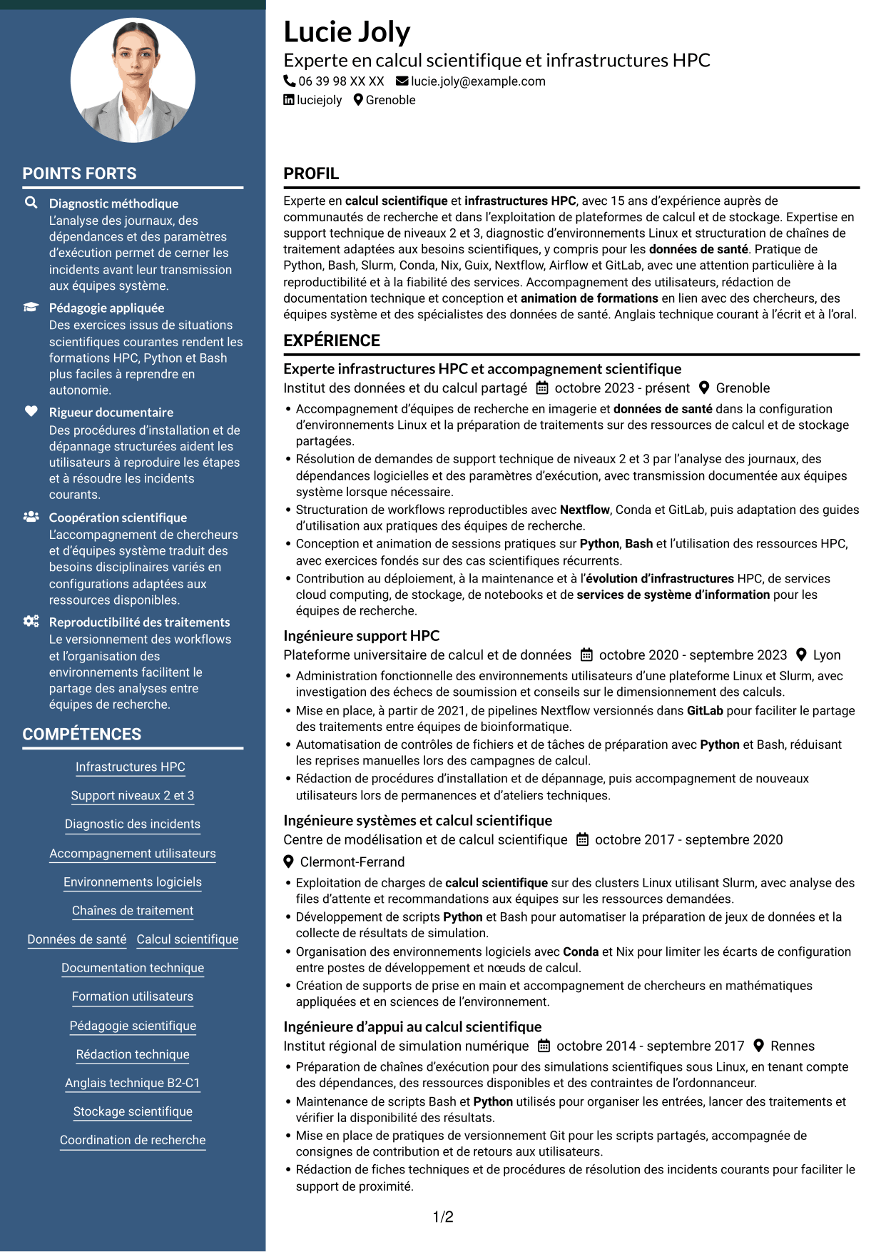 CV Élégant (format à colonne latérale colorée avec photo) : Expert en calcul scientifique - Infrastructures HPC et données de santé, page 1