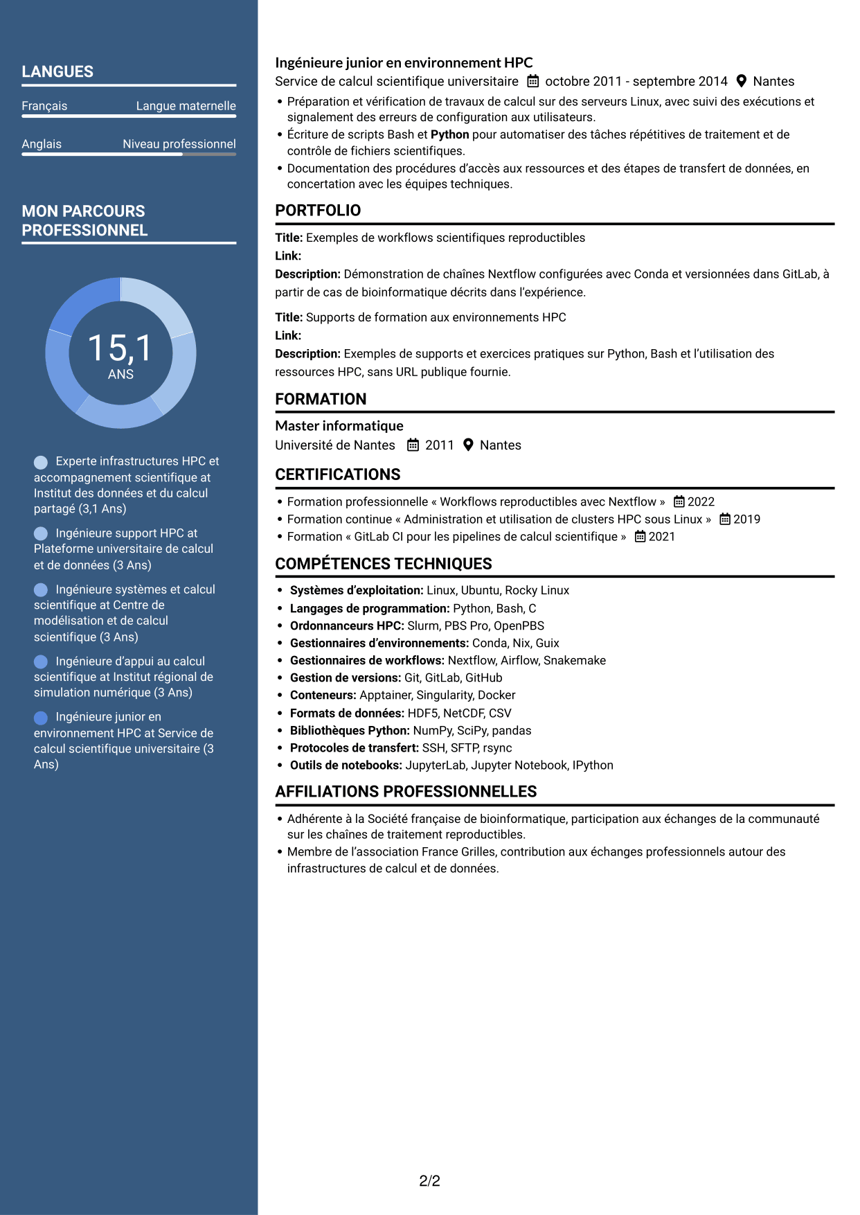 CV Élégant (format à colonne latérale colorée avec photo) : Expert en calcul scientifique - Infrastructures HPC et données de santé, page 2
