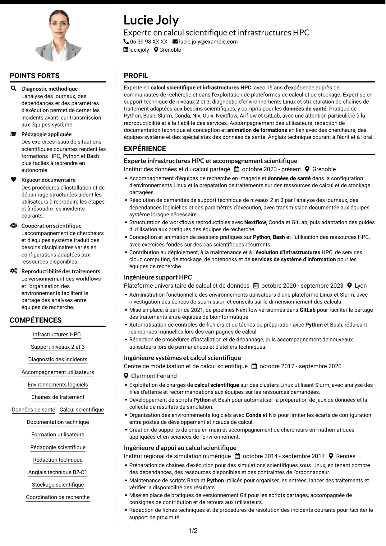 CV Moderne (format à deux colonnes avec photo à gauche et séparateur) : Expert en calcul scientifique - Infrastructures HPC et données de santé, page 1