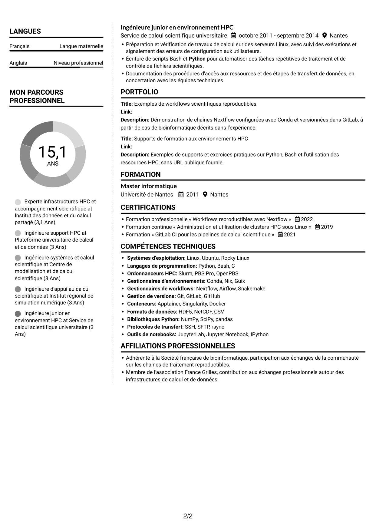 CV Moderne (format à deux colonnes avec photo à gauche et séparateur) : Expert en calcul scientifique - Infrastructures HPC et données de santé, page 2