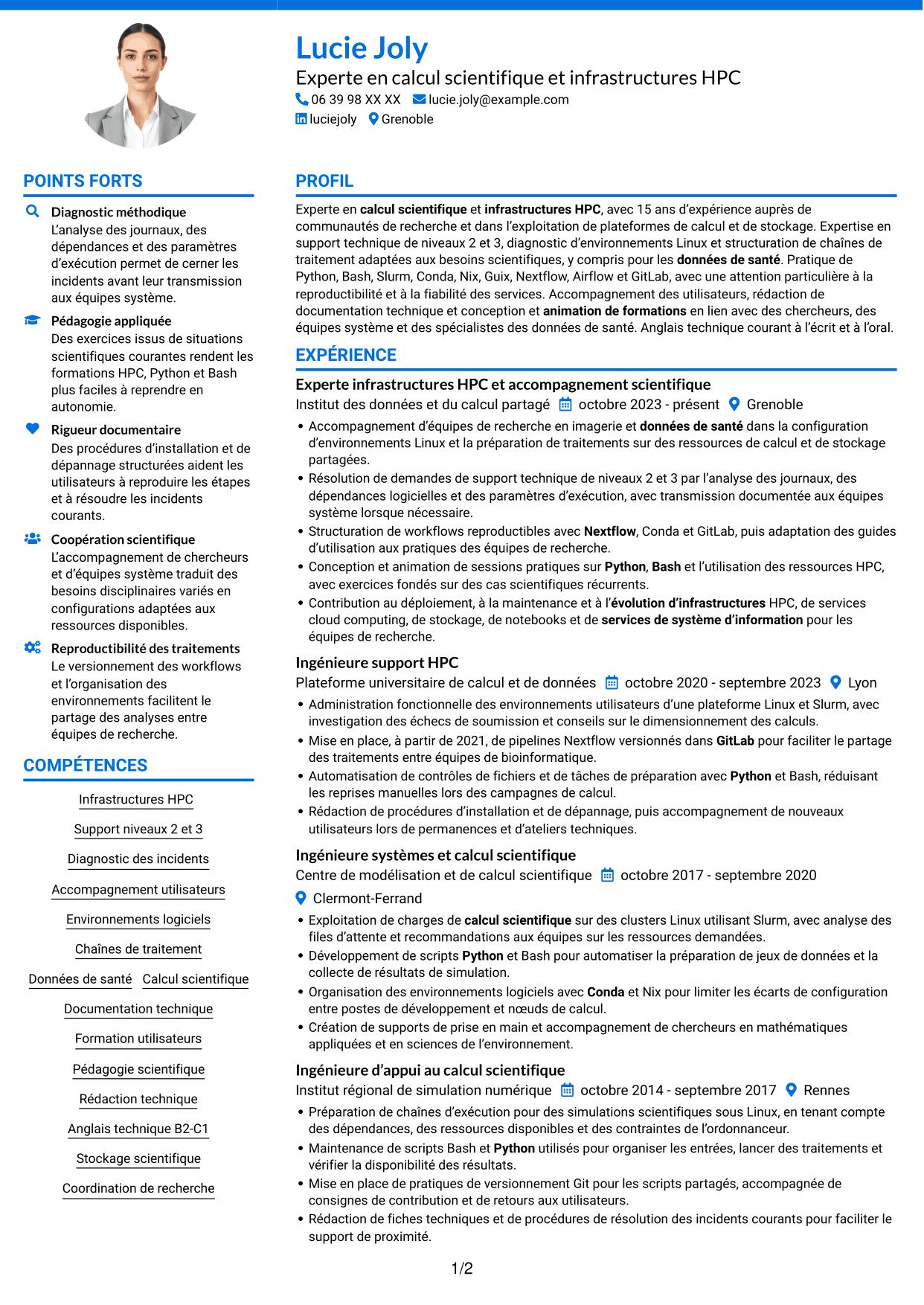 CV Audacieux (format à deux colonnes avec accents colorés et photo) : Expert en calcul scientifique - Infrastructures HPC et données de santé, page 1