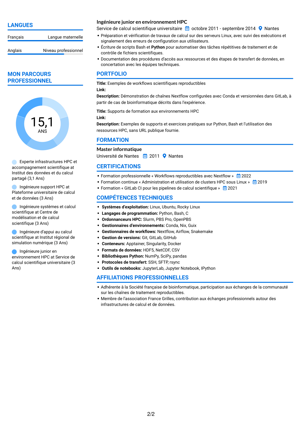 CV Audacieux (format à deux colonnes avec accents colorés et photo) : Expert en calcul scientifique - Infrastructures HPC et données de santé, page 2