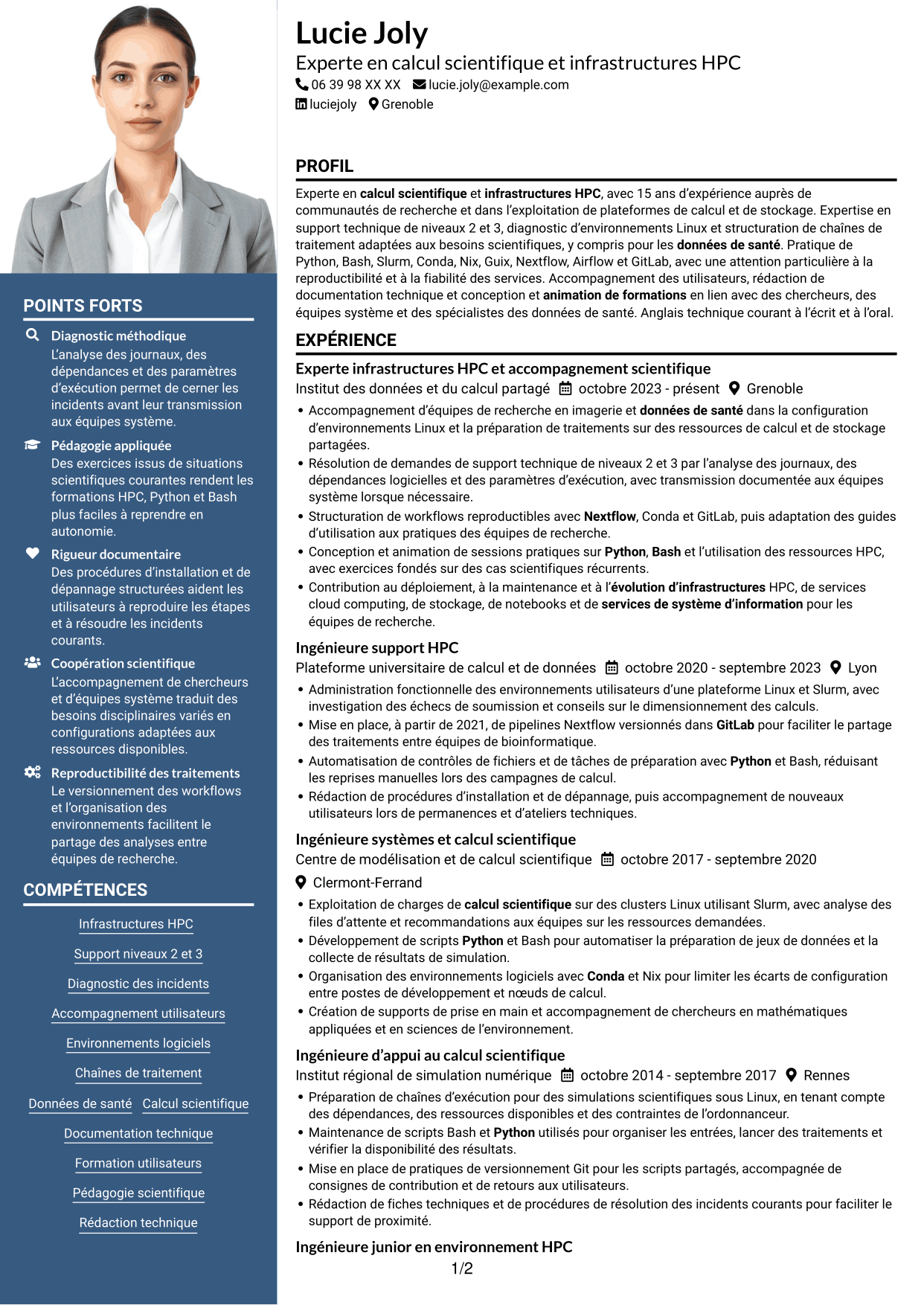 CV Signature (format à colonne latérale colorée avec grande photo) : Expert en calcul scientifique - Infrastructures HPC et données de santé, page 1