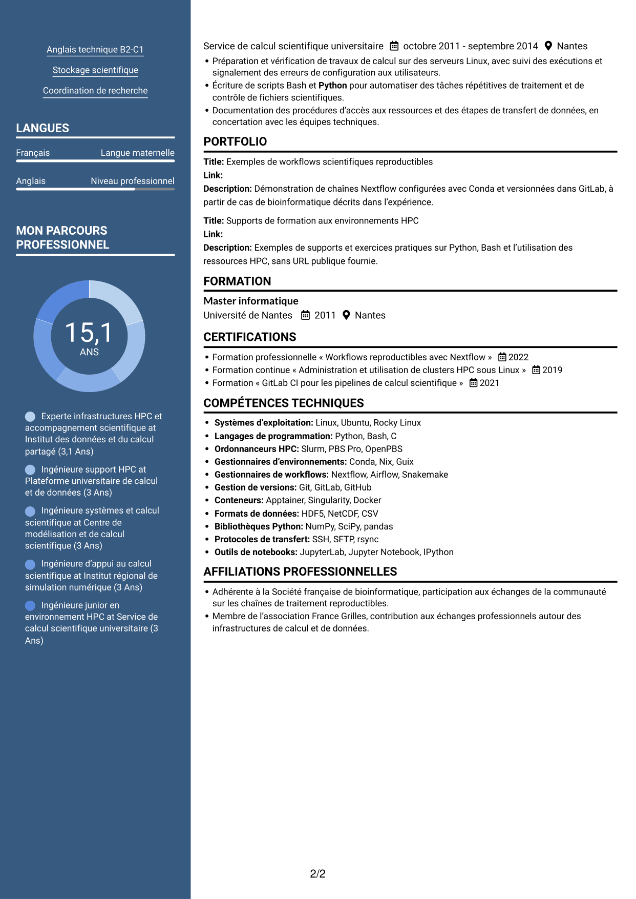 CV Signature (format à colonne latérale colorée avec grande photo) : Expert en calcul scientifique - Infrastructures HPC et données de santé, page 2