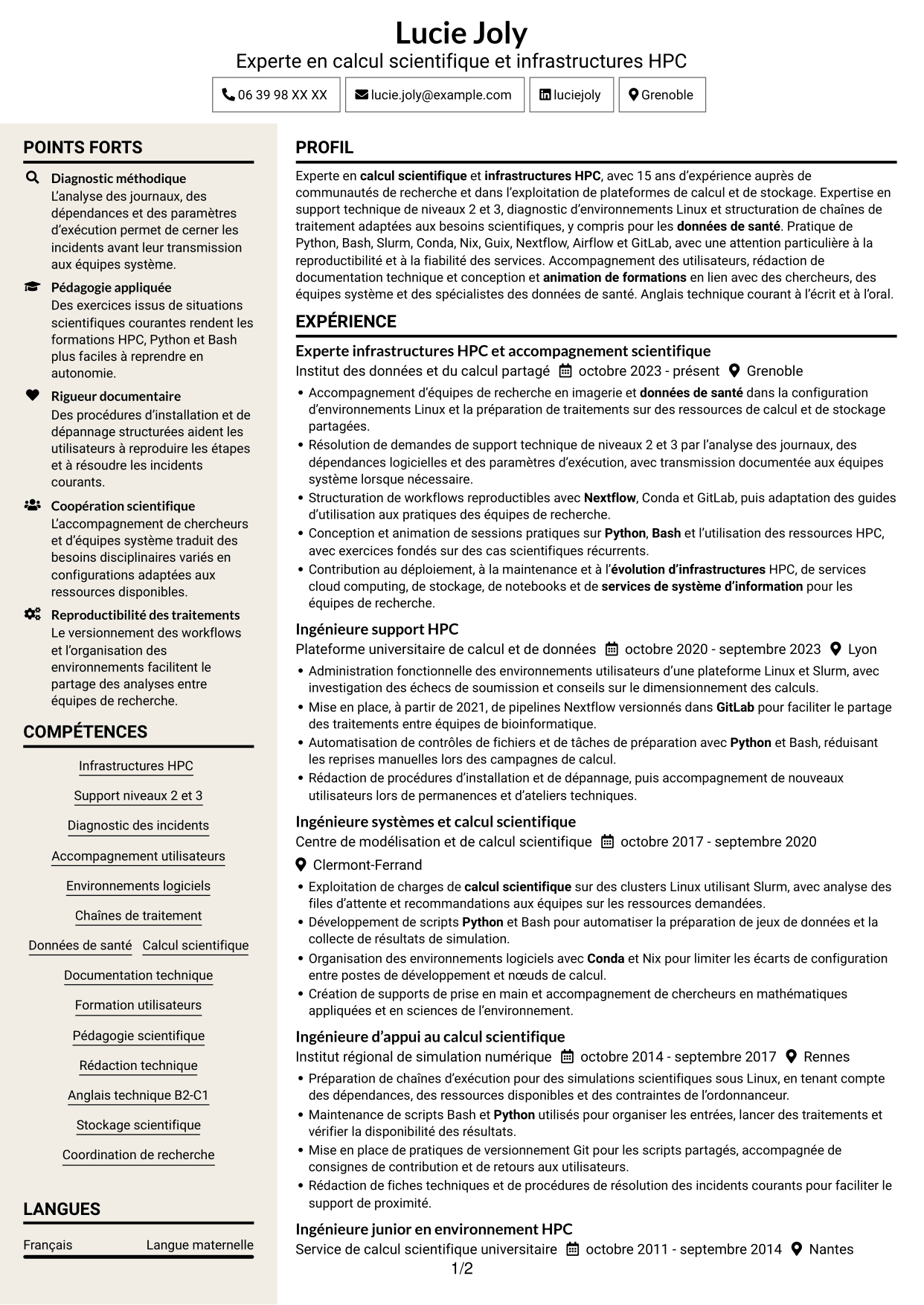 CV Fonceur (format à deux colonnes avec en-tête centré sans photo) : Expert en calcul scientifique - Infrastructures HPC et données de santé, page 1