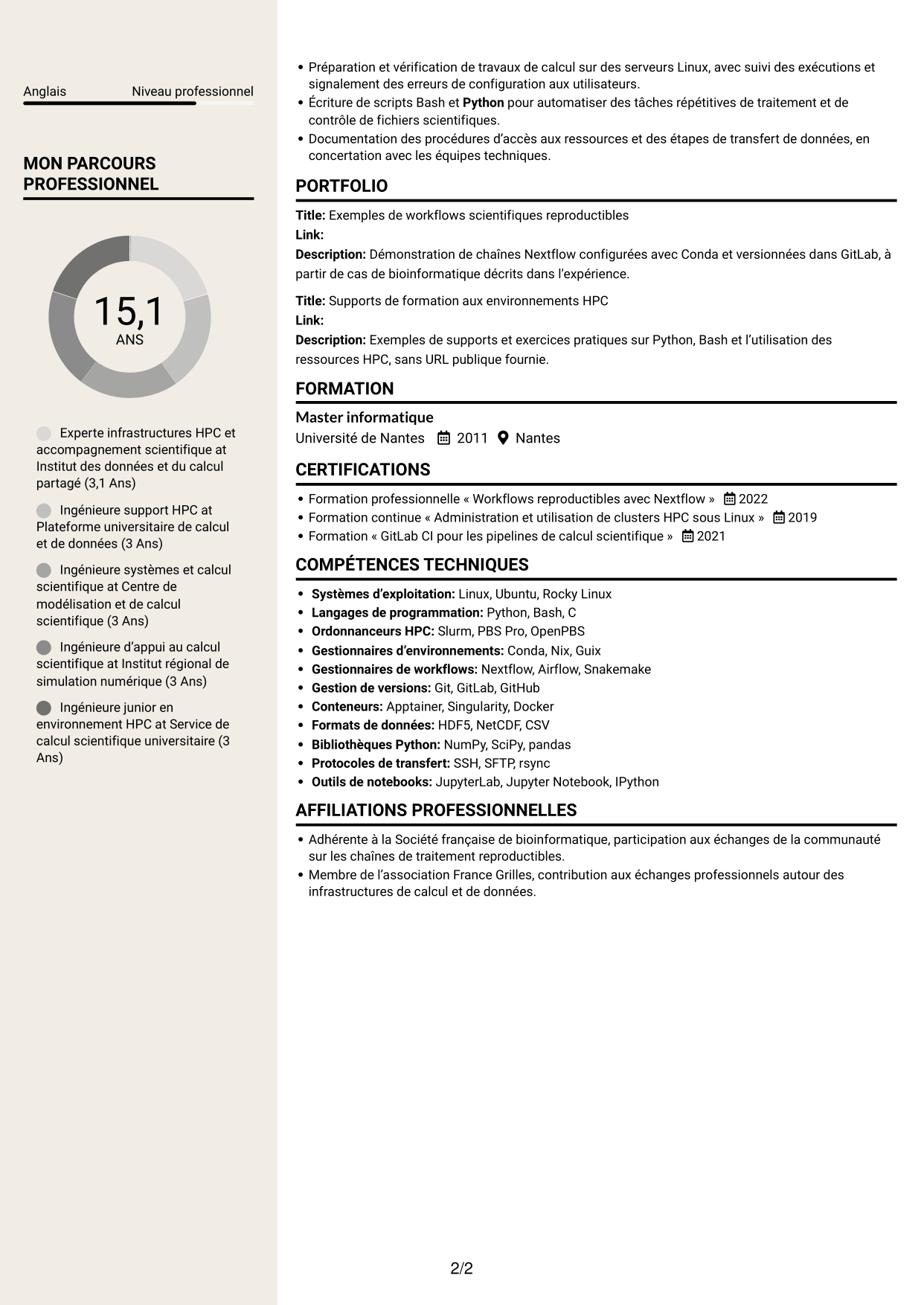 CV Fonceur (format à deux colonnes avec en-tête centré sans photo) : Expert en calcul scientifique - Infrastructures HPC et données de santé, page 2