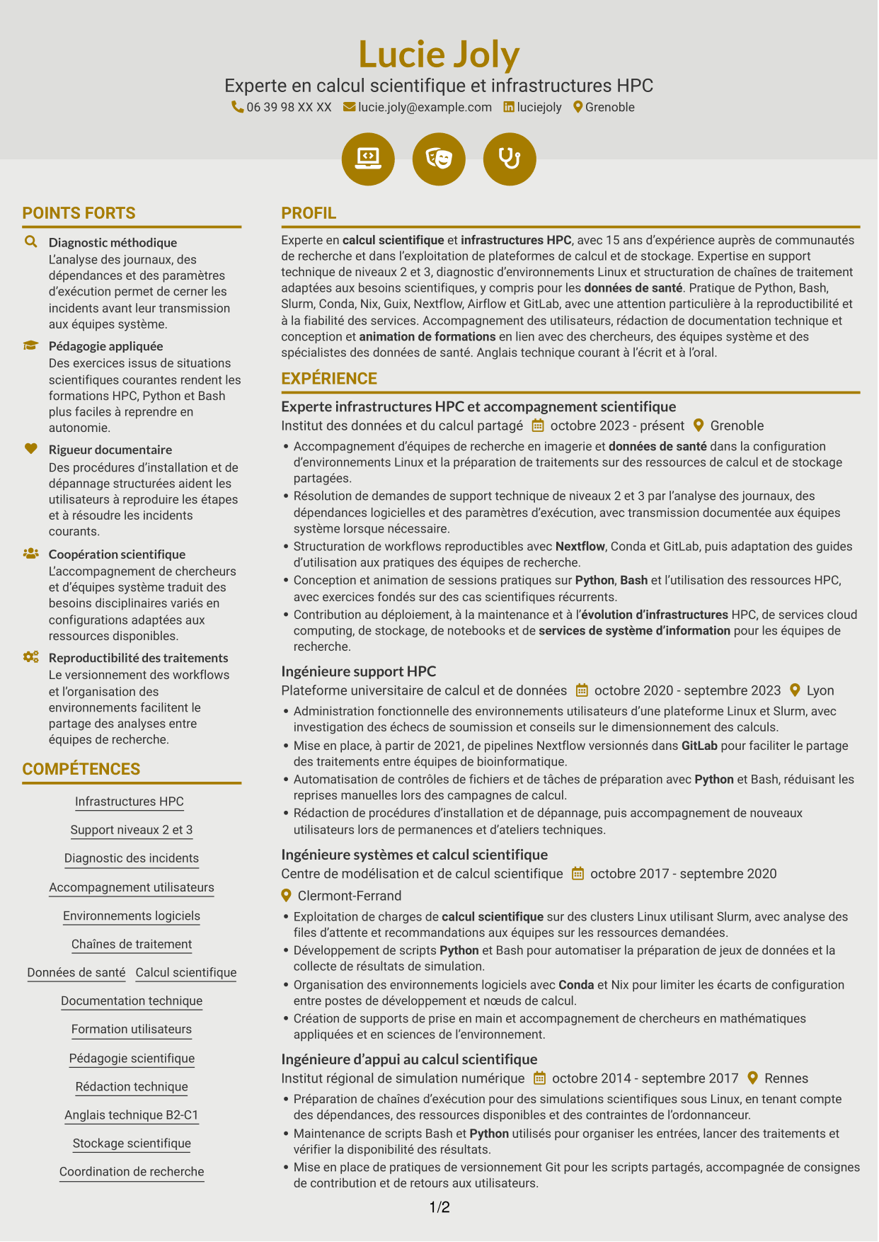 CV Dynamique (format à deux colonnes avec icônes) : Expert en calcul scientifique - Infrastructures HPC et données de santé, page 1