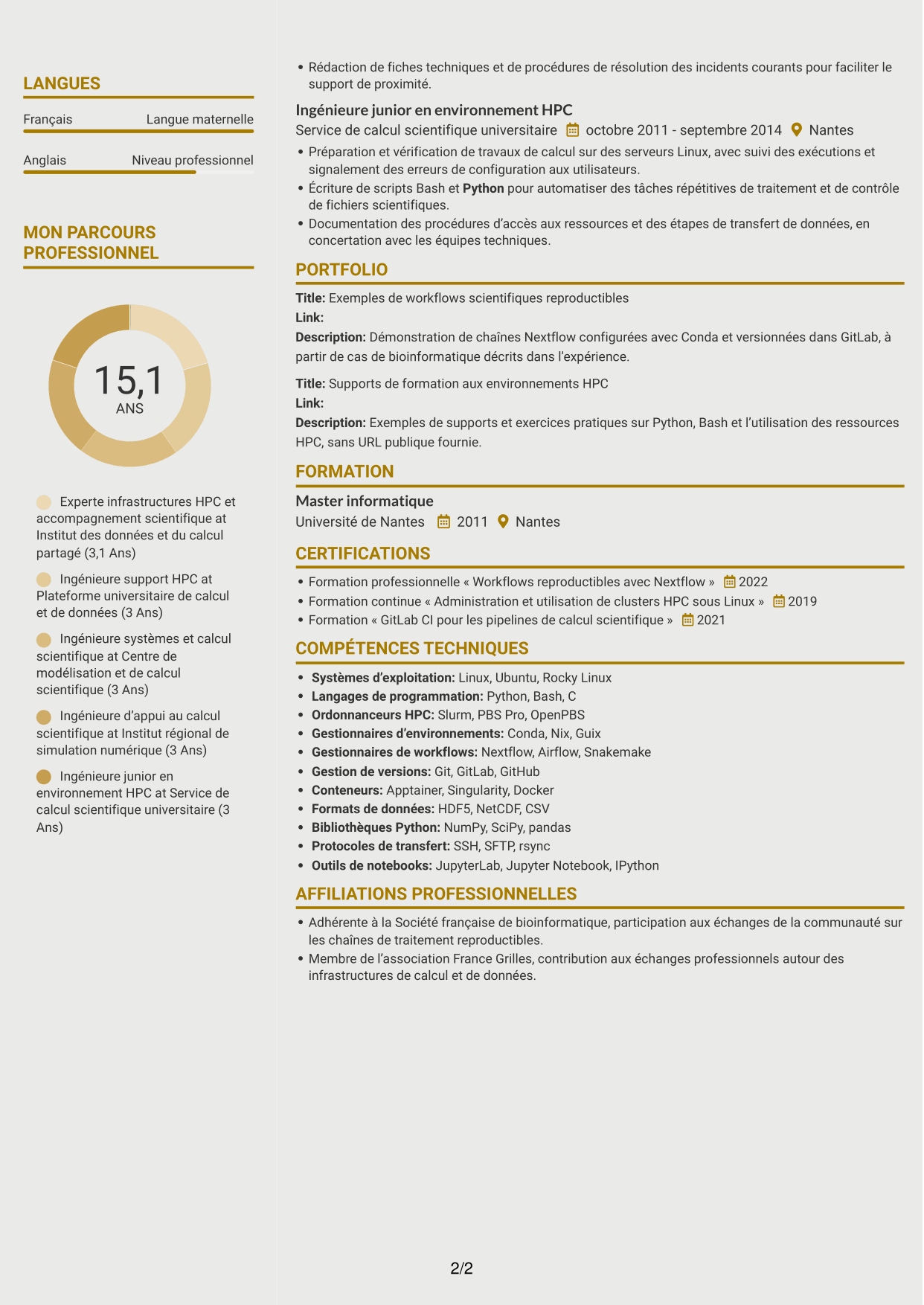 CV Dynamique (format à deux colonnes avec icônes) : Expert en calcul scientifique - Infrastructures HPC et données de santé, page 2
