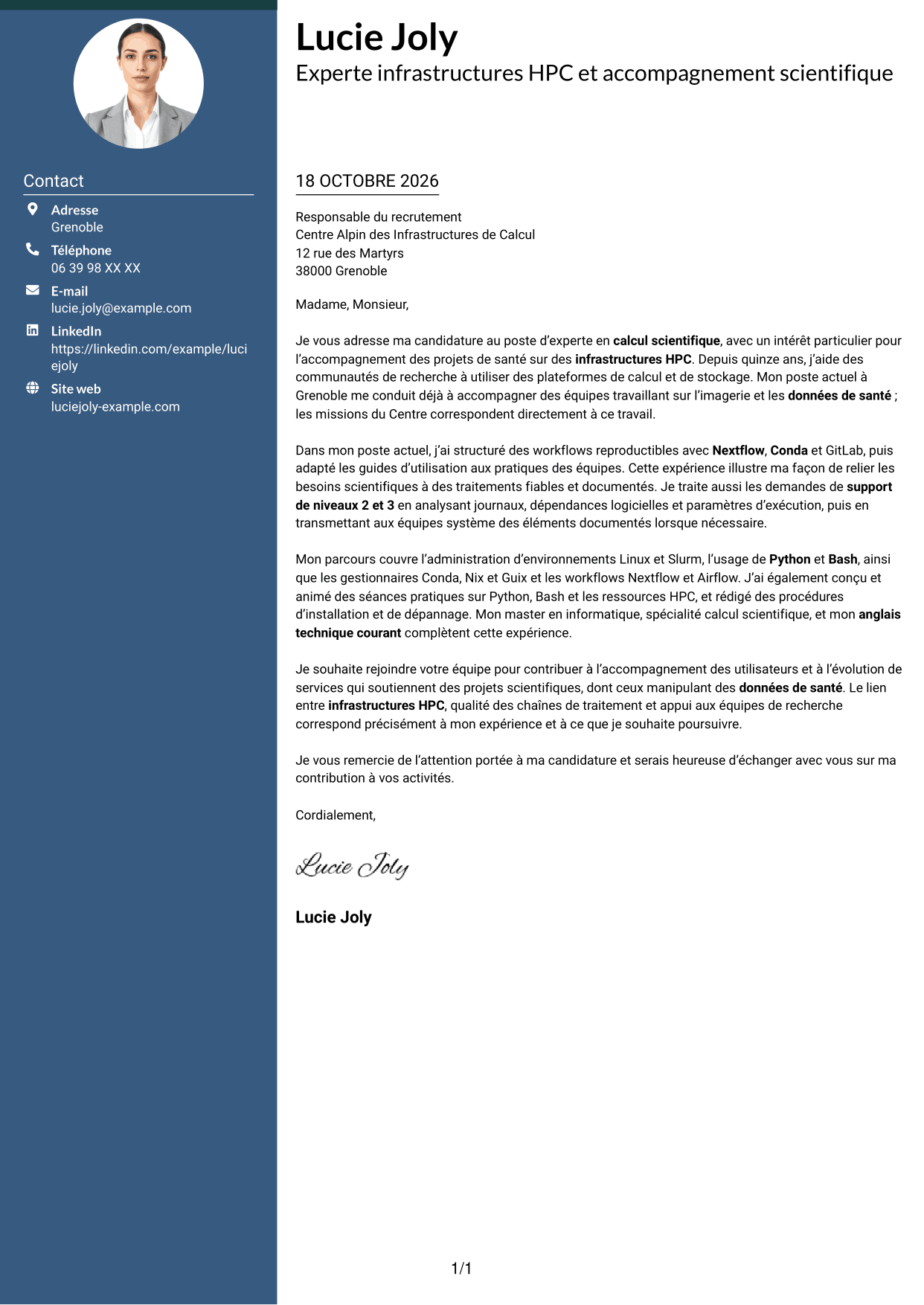 Lettre de motivation Élégant (format à colonne latérale colorée avec photo) : Expert en calcul scientifique - Infrastructures HPC et données de santé, page 1