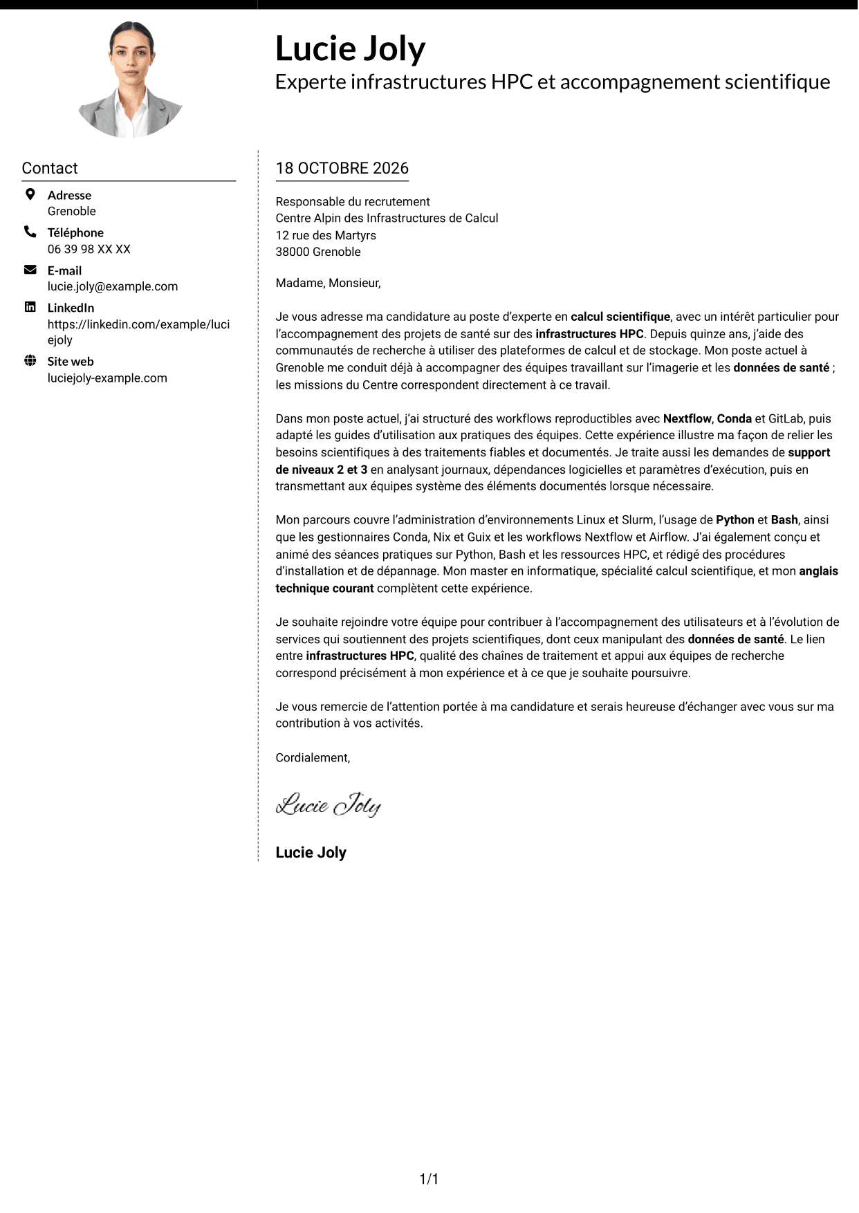 Lettre de motivation Moderne (format à deux colonnes avec photo à gauche et séparateur) : Expert en calcul scientifique - Infrastructures HPC et données de santé, page 1