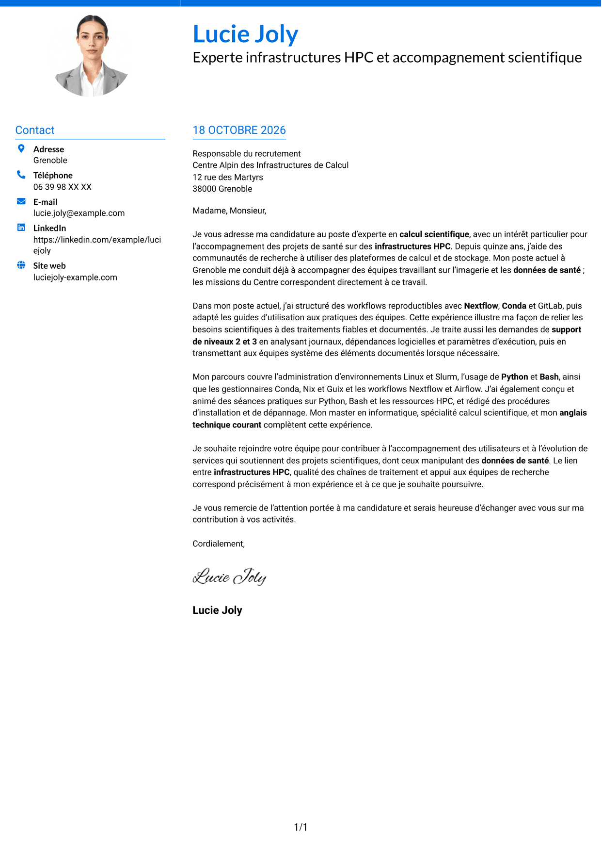 Lettre de motivation Audacieux (format à deux colonnes avec accents colorés et photo) : Expert en calcul scientifique - Infrastructures HPC et données de santé, page 1