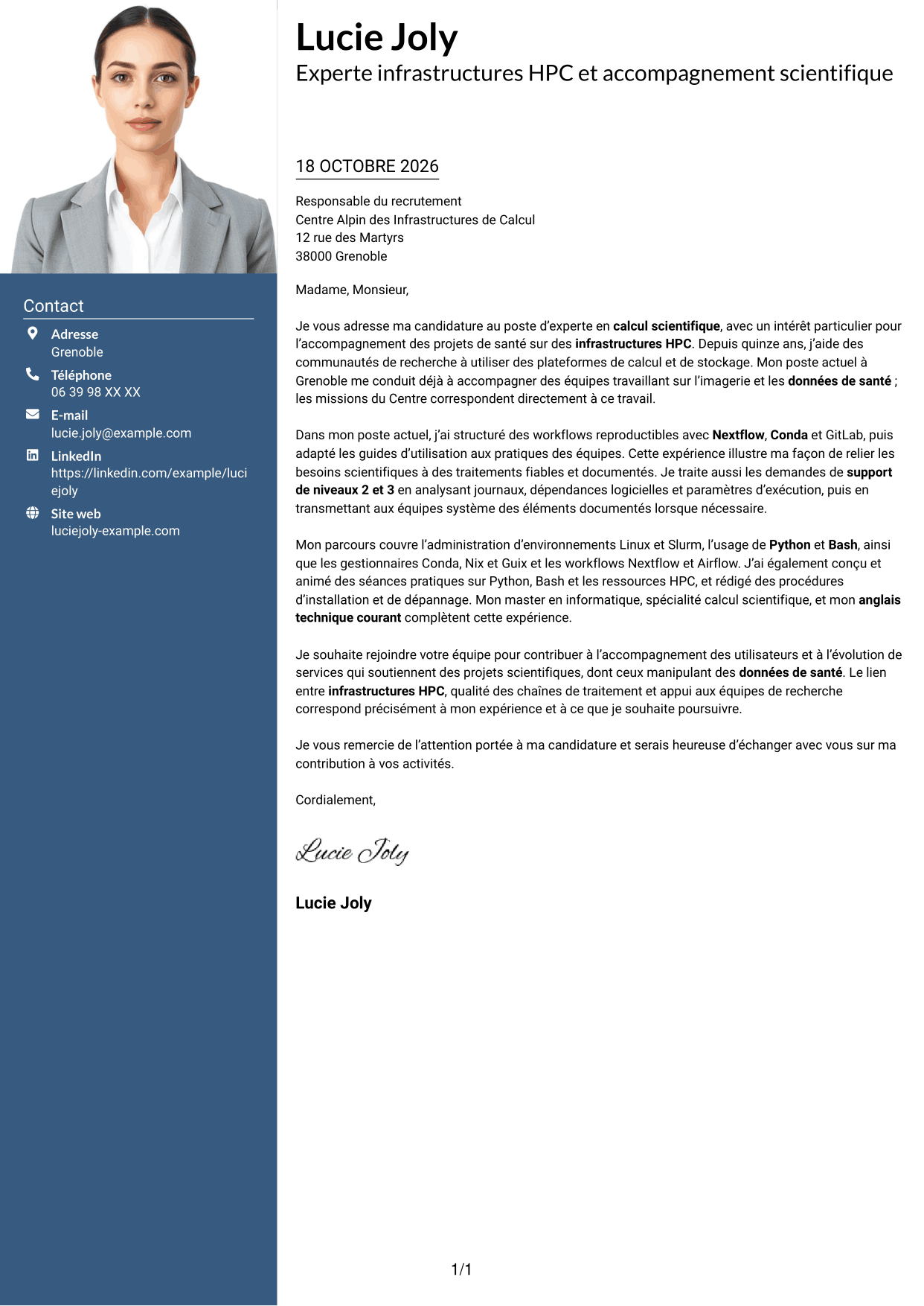 Lettre de motivation Signature (format à colonne latérale colorée avec grande photo) : Expert en calcul scientifique - Infrastructures HPC et données de santé, page 1
