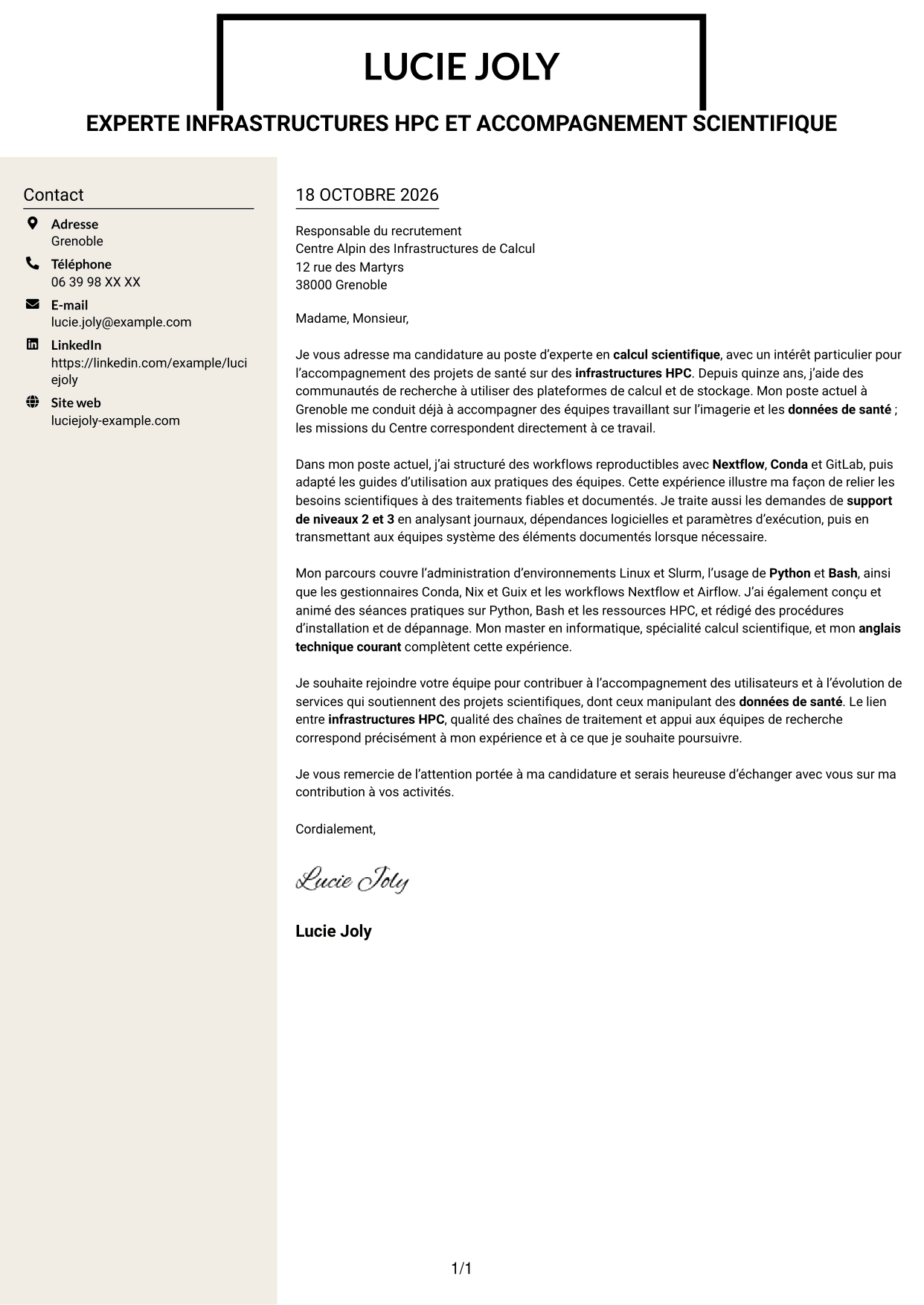 Lettre de motivation Fonceur (format à deux colonnes avec en-tête centré sans photo) : Expert en calcul scientifique - Infrastructures HPC et données de santé, page 1