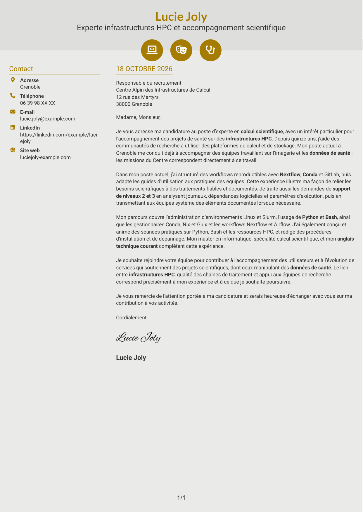 Lettre de motivation Dynamique (format à deux colonnes avec icônes) : Expert en calcul scientifique - Infrastructures HPC et données de santé, page 1