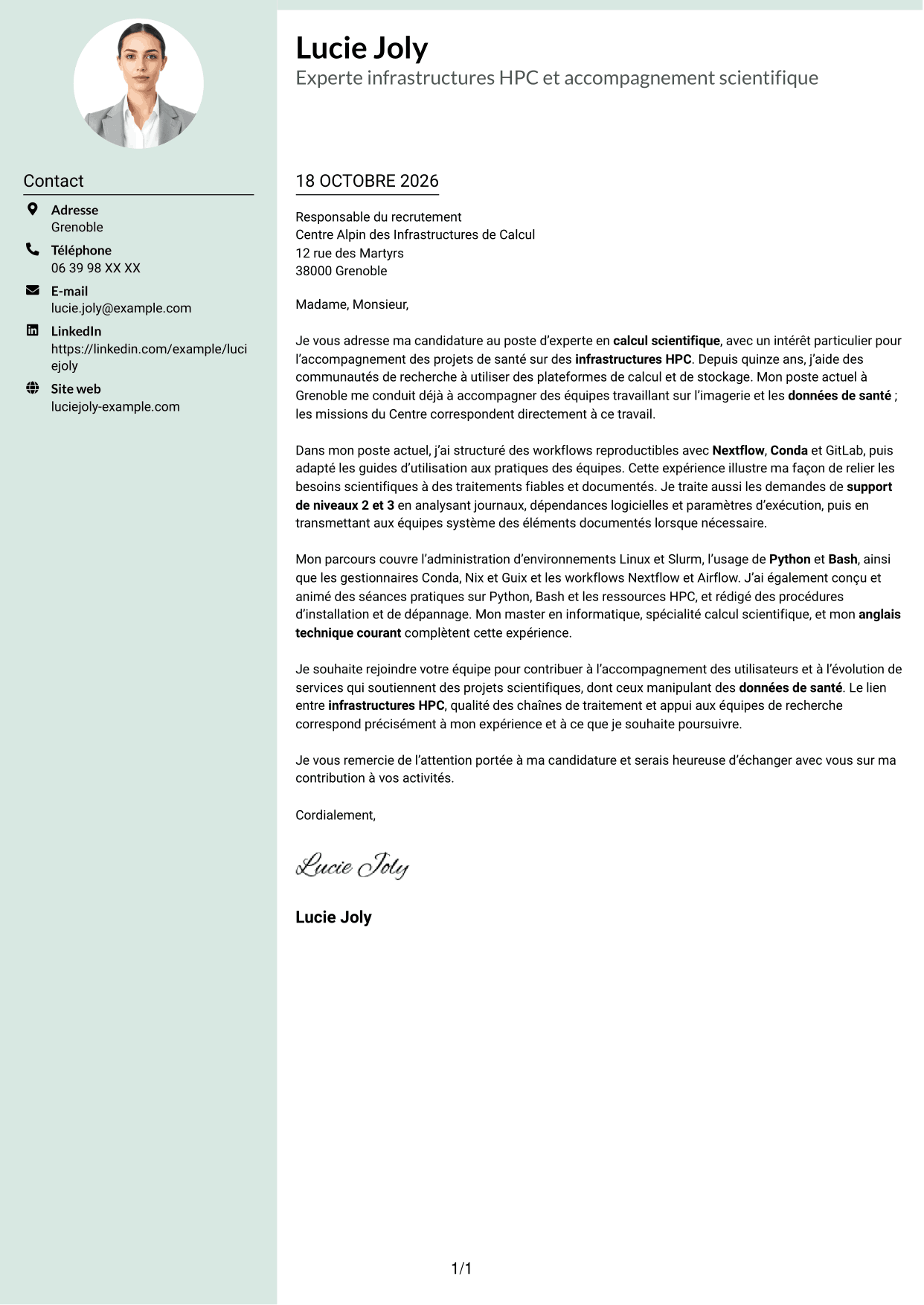 Lettre de motivation Cadre (format à colonne latérale douce avec photo arrondie) : Expert en calcul scientifique - Infrastructures HPC et données de santé, page 1