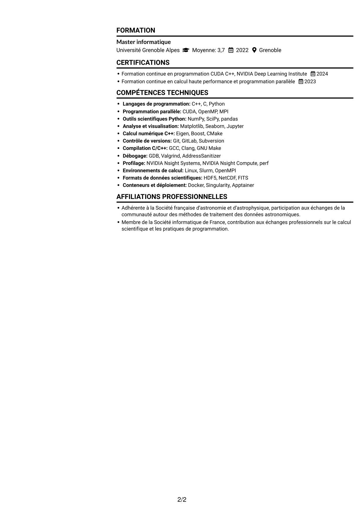 CV Compact (format sobre à deux colonnes avec photo) : Expert en calcul scientifique - Radioastronomie et calcul accéléré, page 2