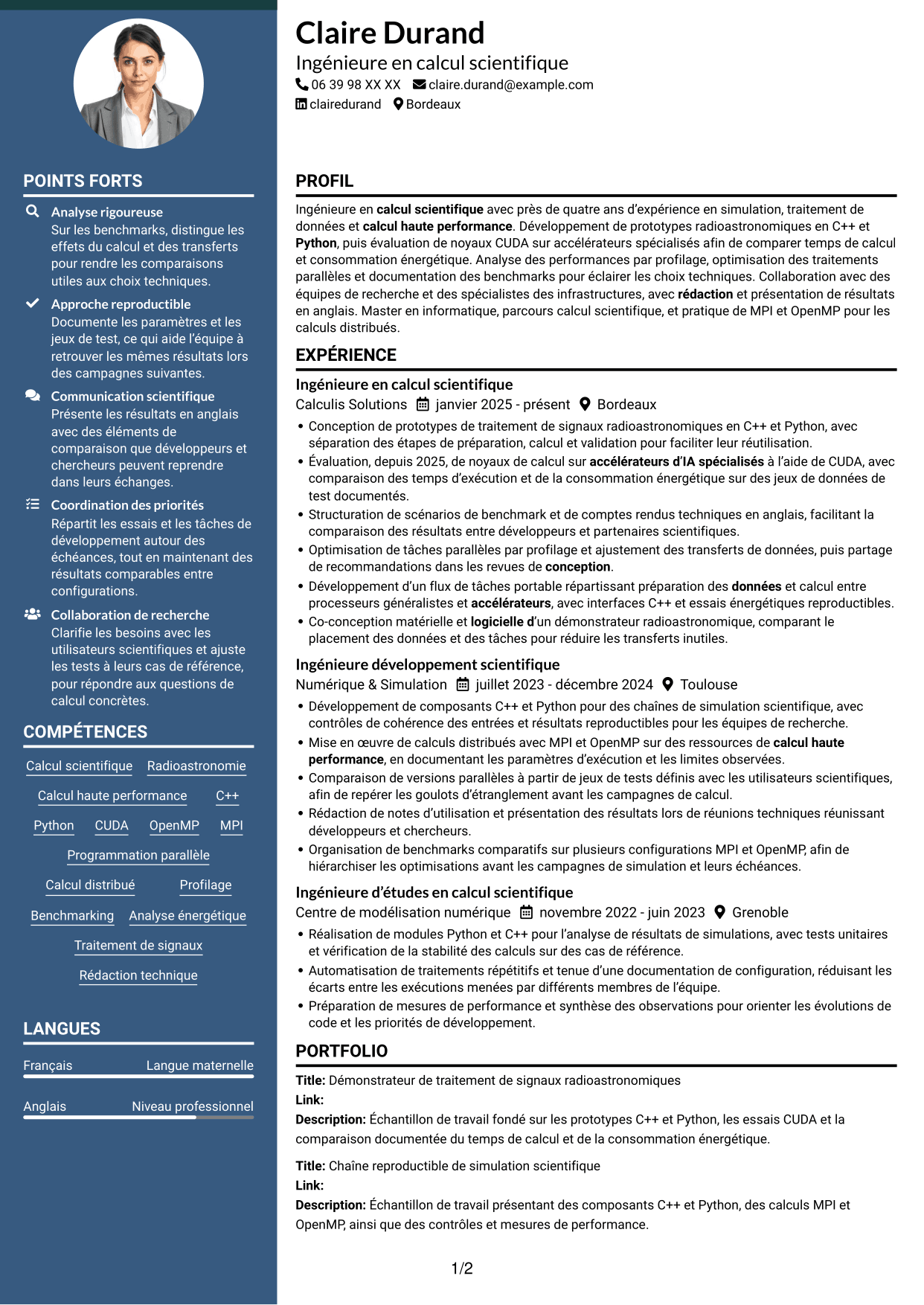CV Élégant (format à colonne latérale colorée avec photo) : Expert en calcul scientifique - Radioastronomie et calcul accéléré, page 1