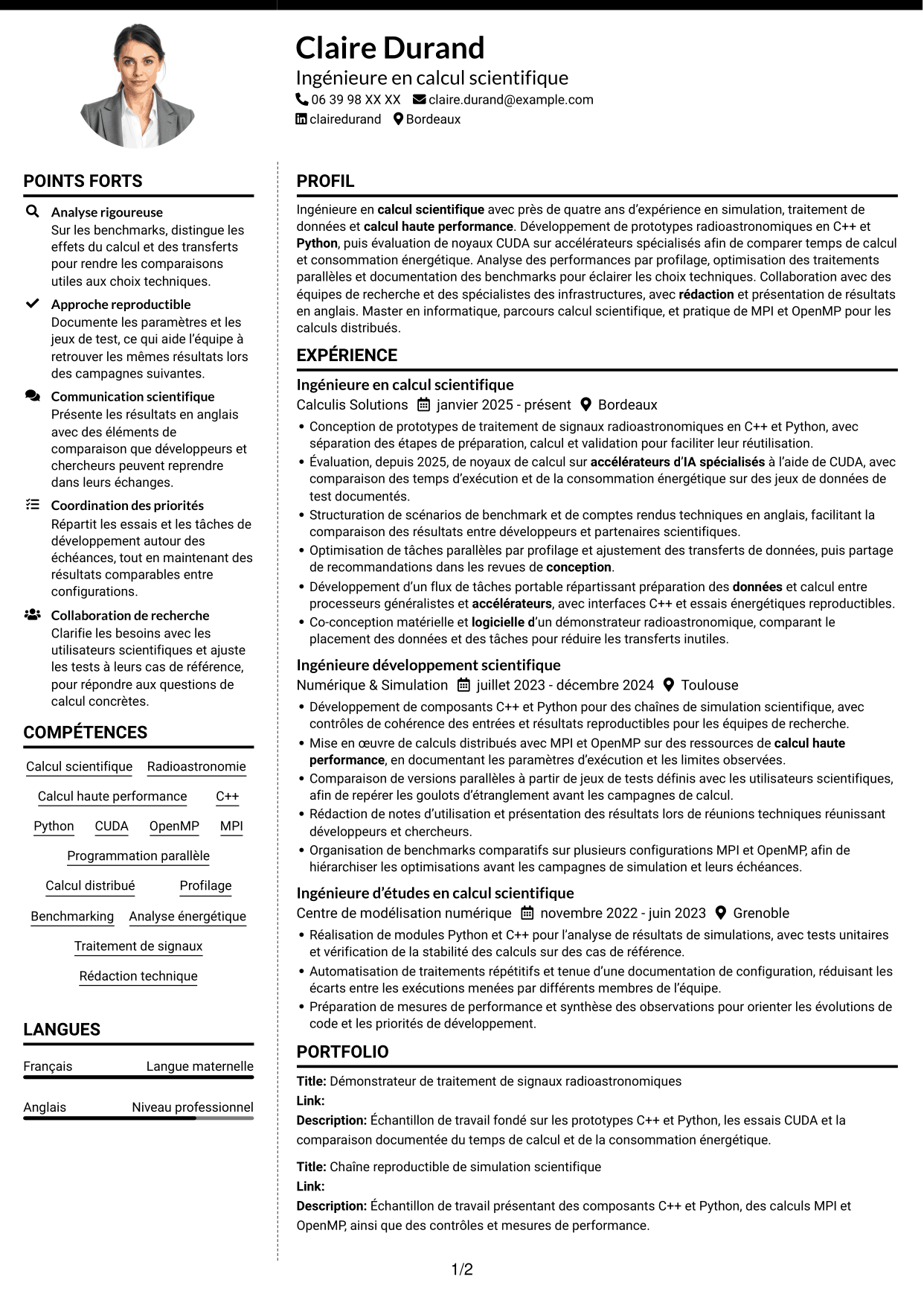 CV Moderne (format à deux colonnes avec photo à gauche et séparateur) : Expert en calcul scientifique - Radioastronomie et calcul accéléré, page 1