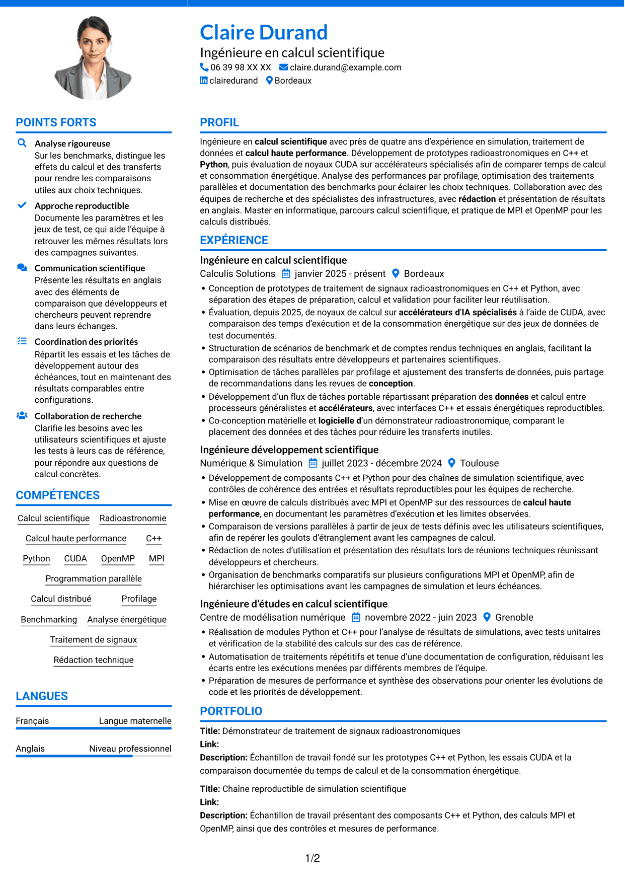 CV Audacieux (format à deux colonnes avec accents colorés et photo) : Expert en calcul scientifique - Radioastronomie et calcul accéléré, page 1