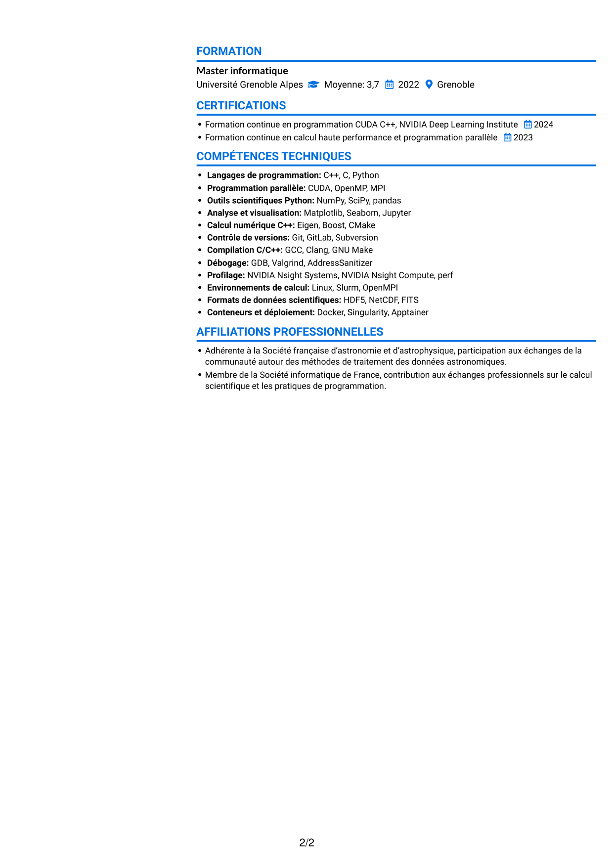 CV Audacieux (format à deux colonnes avec accents colorés et photo) : Expert en calcul scientifique - Radioastronomie et calcul accéléré, page 2
