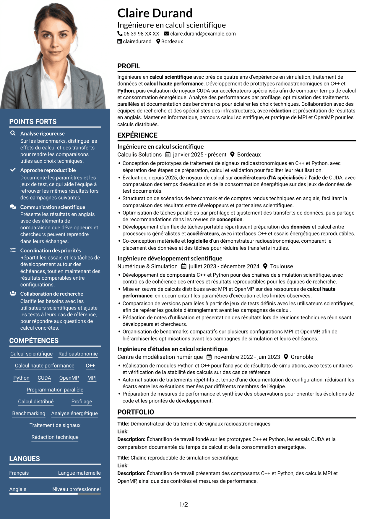CV Signature (format à colonne latérale colorée avec grande photo) : Expert en calcul scientifique - Radioastronomie et calcul accéléré, page 1