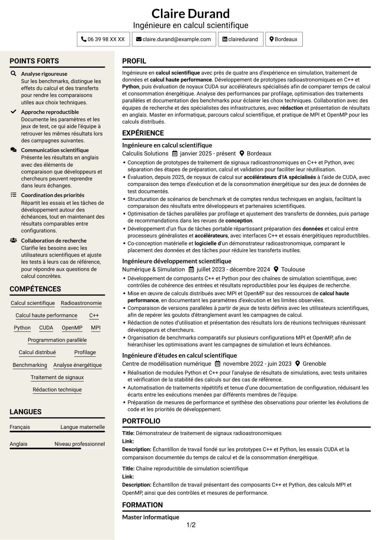 CV Fonceur (format à deux colonnes avec en-tête centré sans photo) : Expert en calcul scientifique - Radioastronomie et calcul accéléré, page 1
