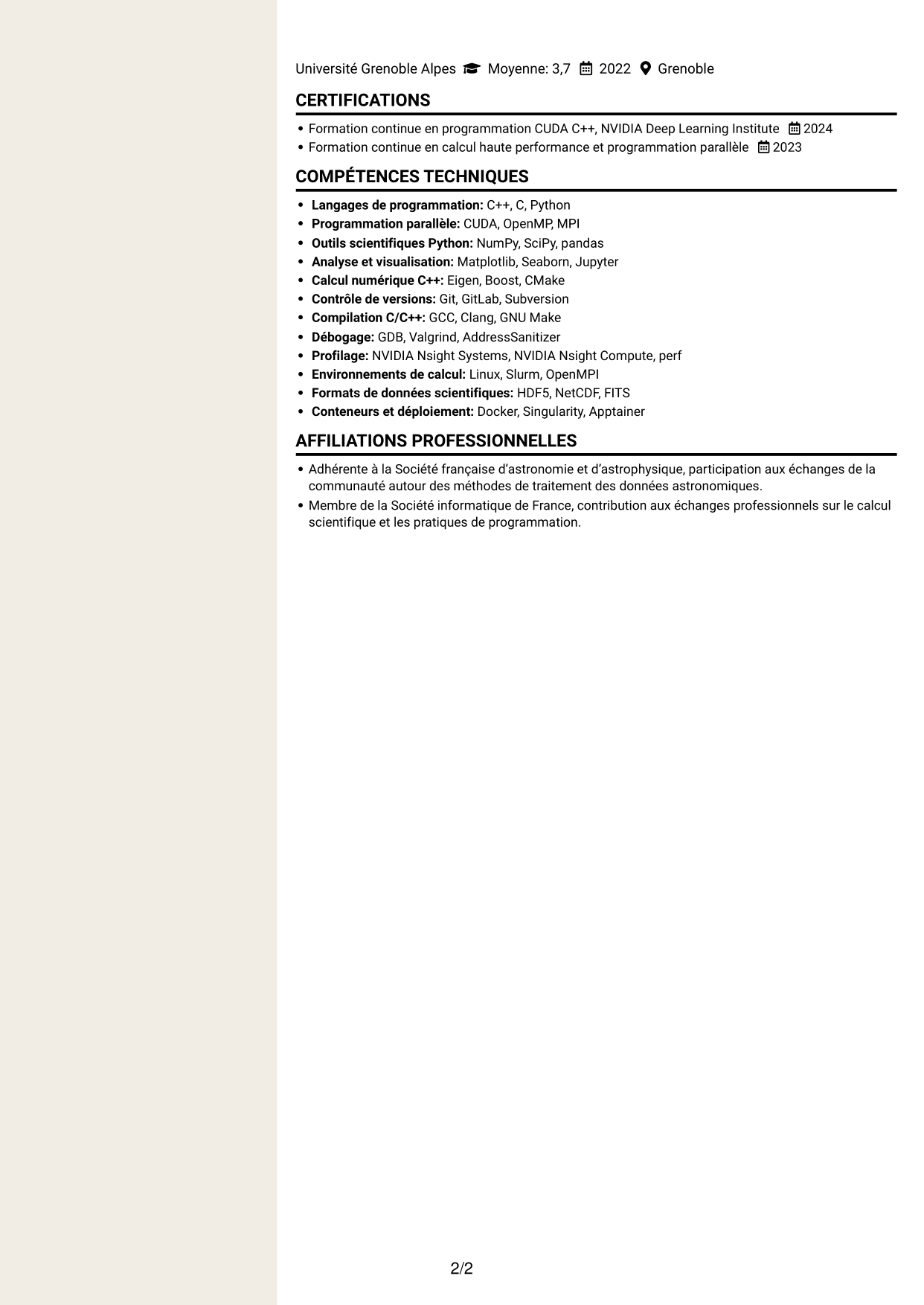 CV Fonceur (format à deux colonnes avec en-tête centré sans photo) : Expert en calcul scientifique - Radioastronomie et calcul accéléré, page 2