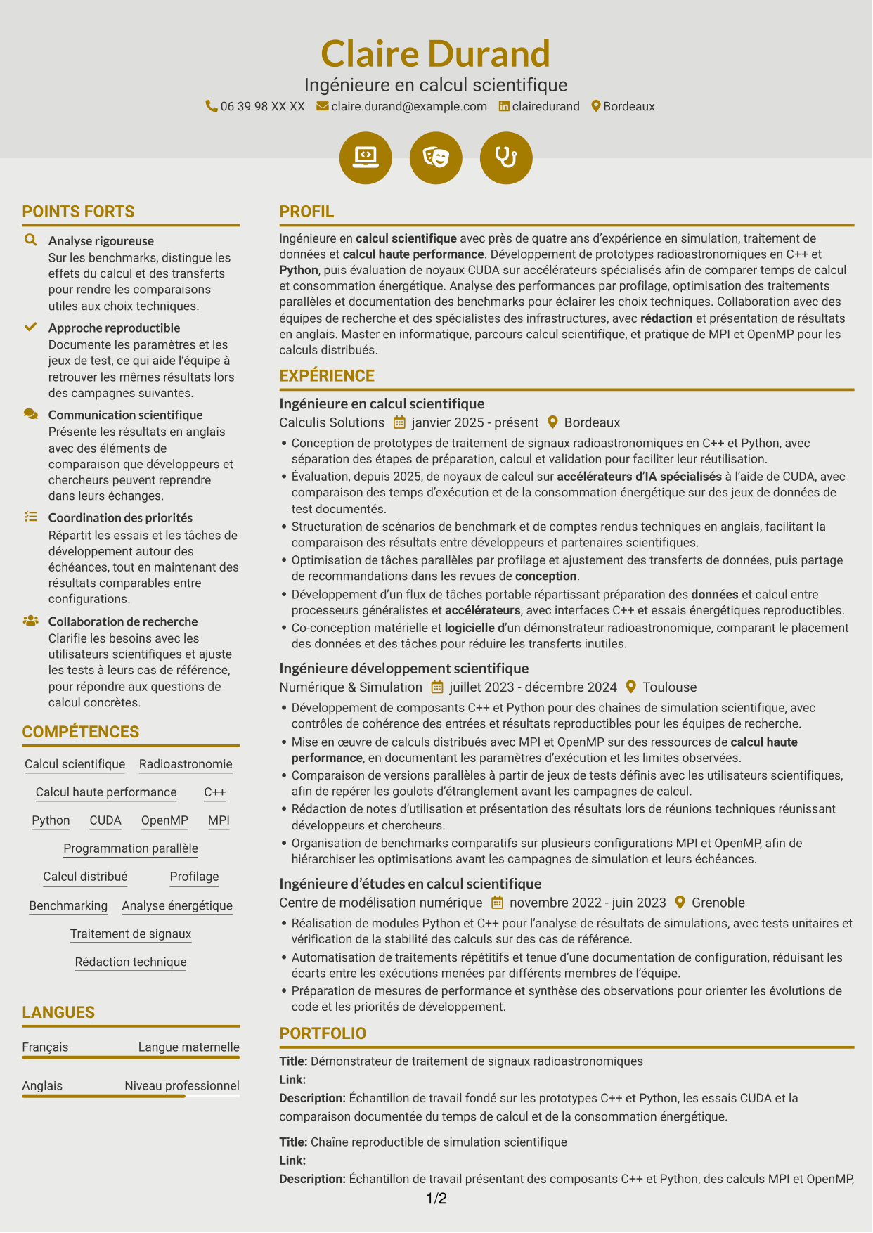 CV Dynamique (format à deux colonnes avec icônes) : Expert en calcul scientifique - Radioastronomie et calcul accéléré, page 1