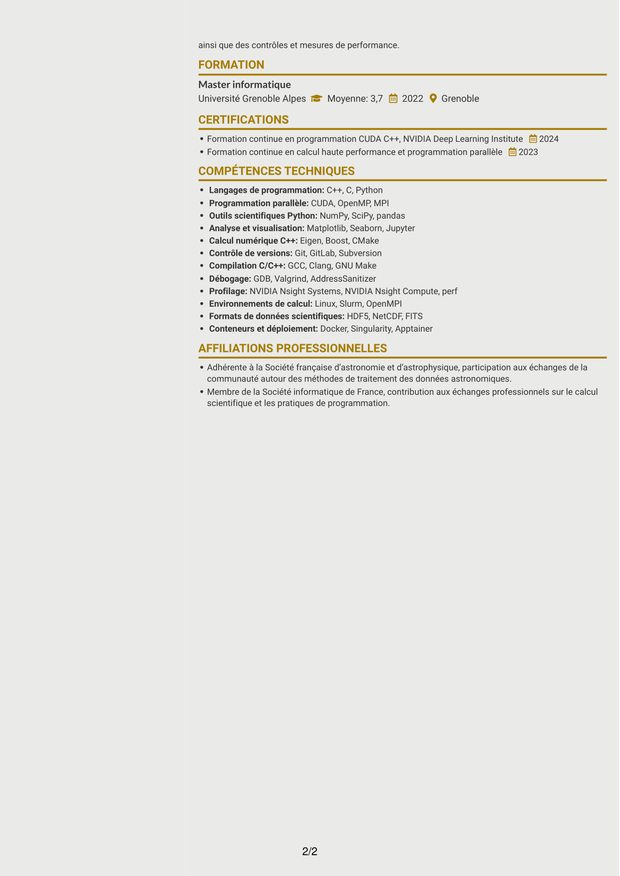 CV Dynamique (format à deux colonnes avec icônes) : Expert en calcul scientifique - Radioastronomie et calcul accéléré, page 2