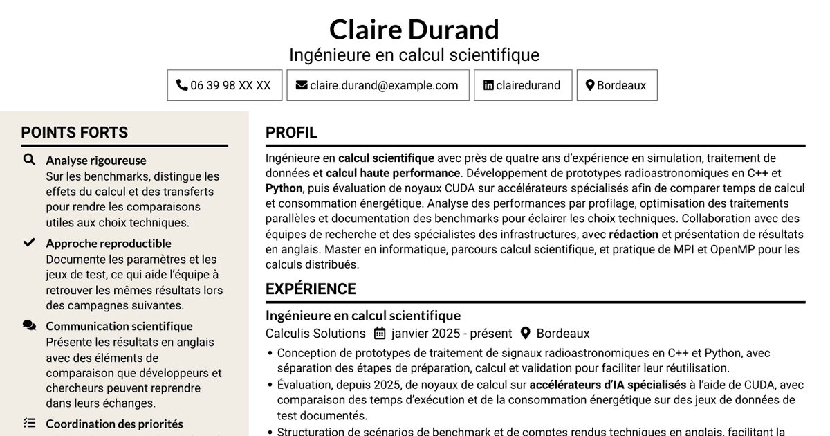 7 modèles de CV pour Expert en calcul scientifique - Radioastronomie et calcul accéléré, avec exemples