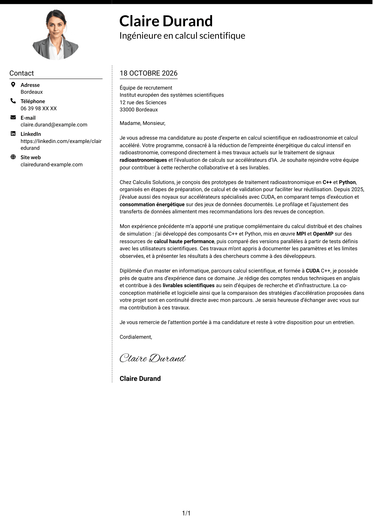 Lettre de motivation Moderne (format à deux colonnes avec photo à gauche et séparateur) : Expert en calcul scientifique - Radioastronomie et calcul accéléré, page 1