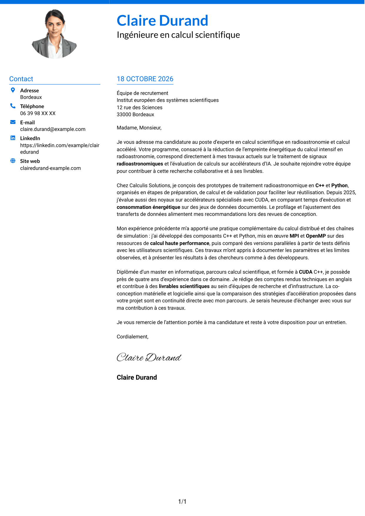 Lettre de motivation Audacieux (format à deux colonnes avec accents colorés et photo) : Expert en calcul scientifique - Radioastronomie et calcul accéléré, page 1