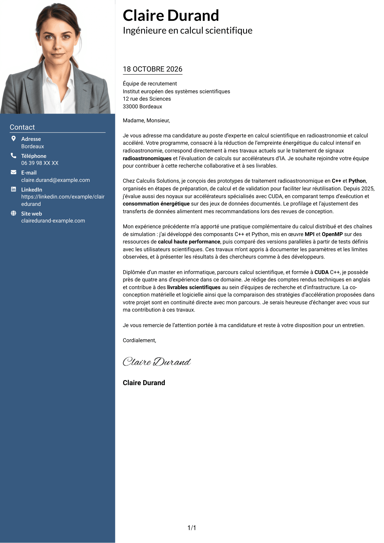 Lettre de motivation Signature (format à colonne latérale colorée avec grande photo) : Expert en calcul scientifique - Radioastronomie et calcul accéléré, page 1