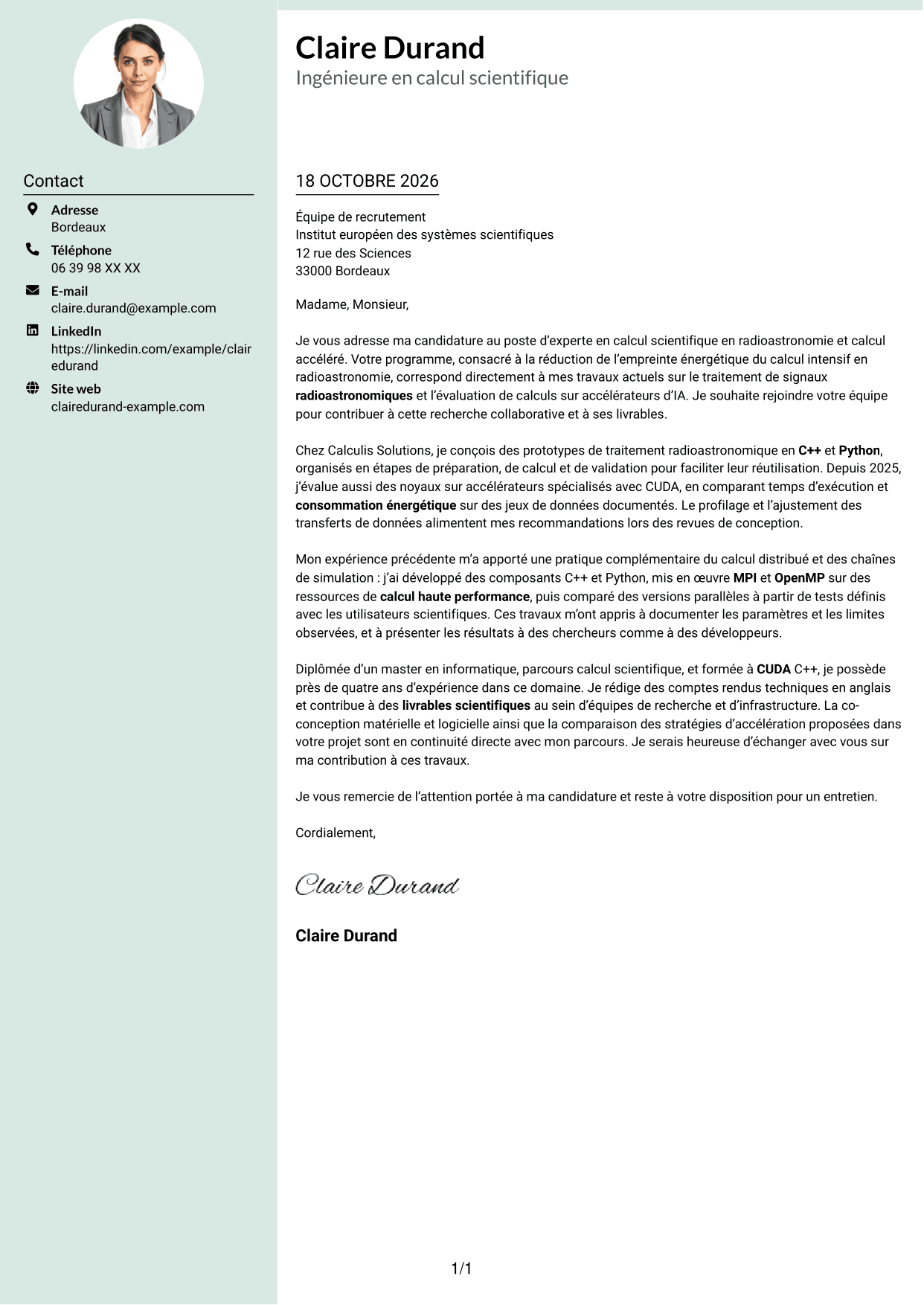 Lettre de motivation Cadre (format à colonne latérale douce avec photo arrondie) : Expert en calcul scientifique - Radioastronomie et calcul accéléré, page 1