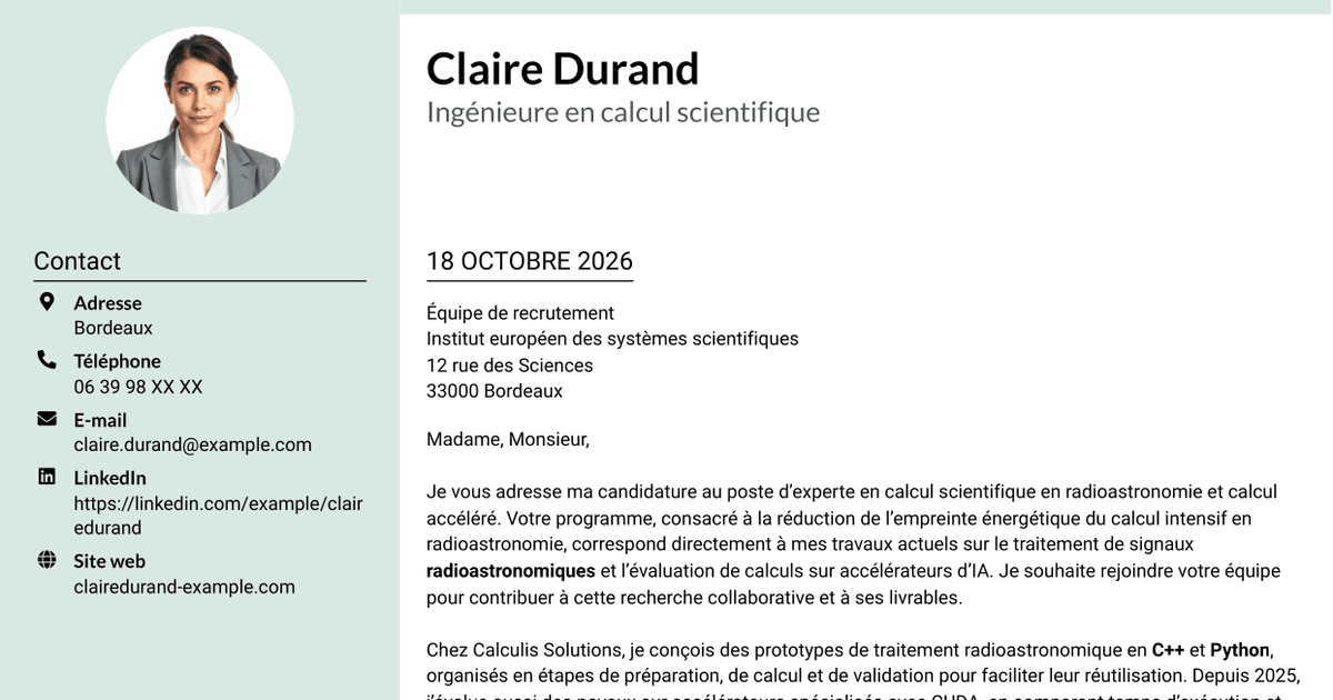 7 modèles de lettre de motivation pour Expert en calcul scientifique - Radioastronomie et calcul accéléré, avec exemples