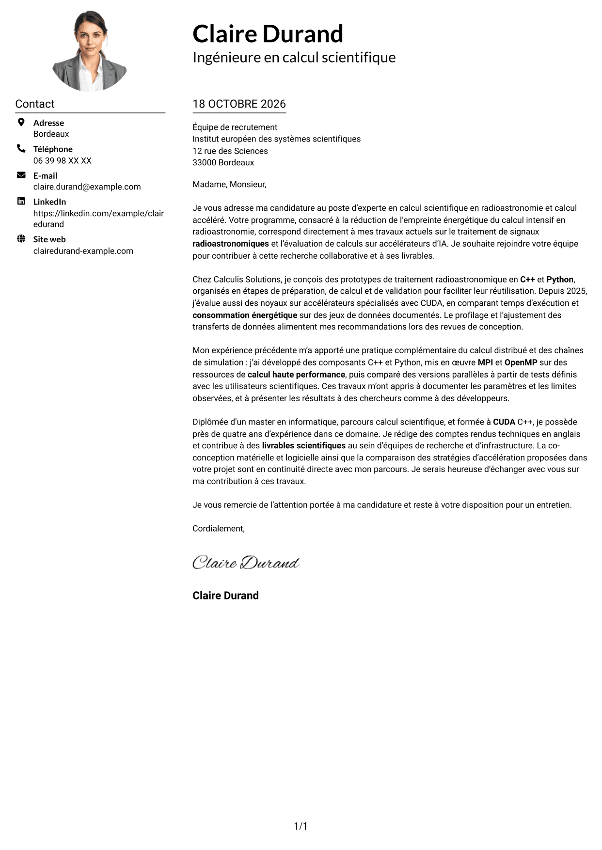 Exemple de lettre de motivation — page 1