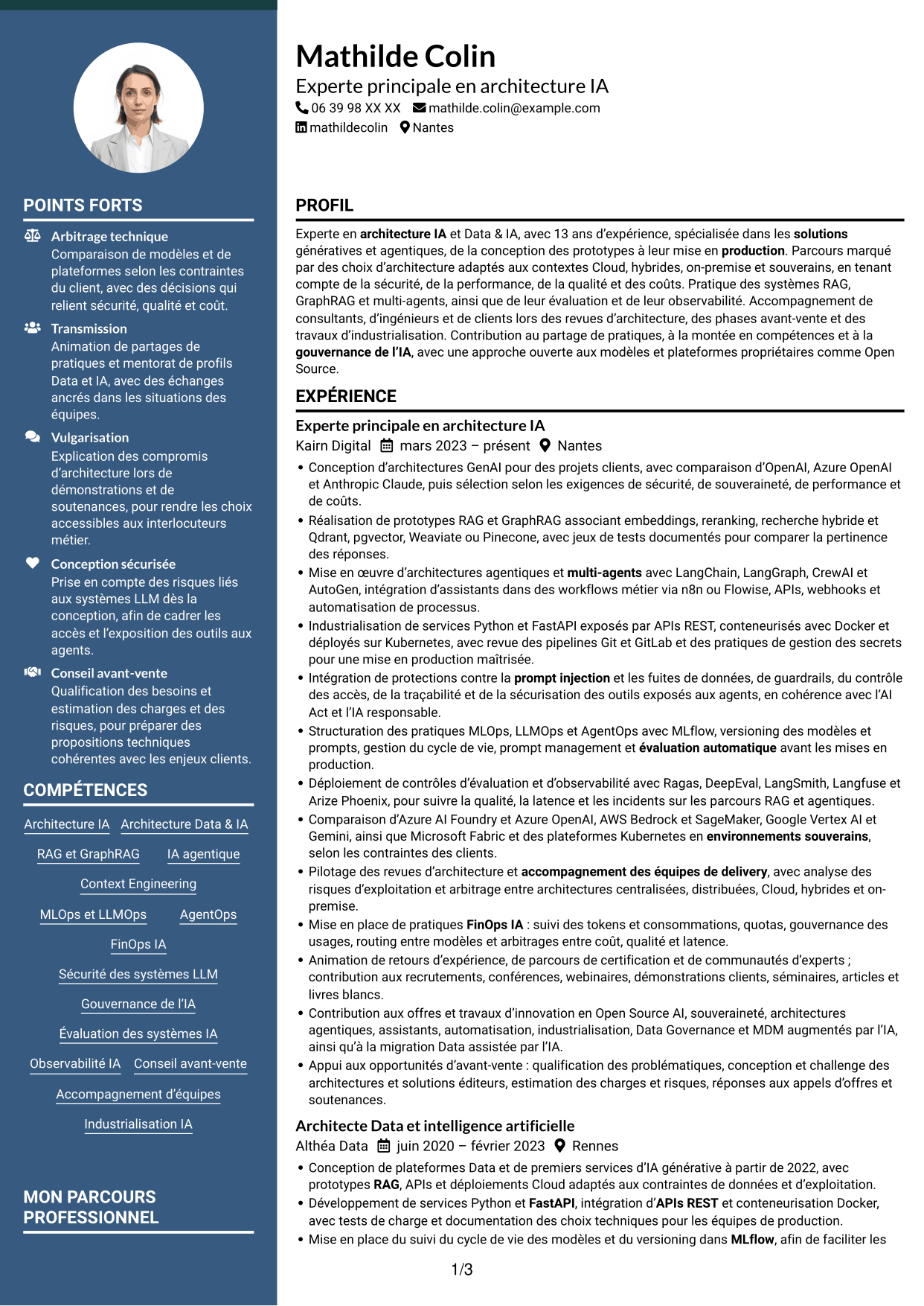CV Élégant (format à colonne latérale colorée avec photo) : Expert IA - Architecture IA générative et agentique, page 1