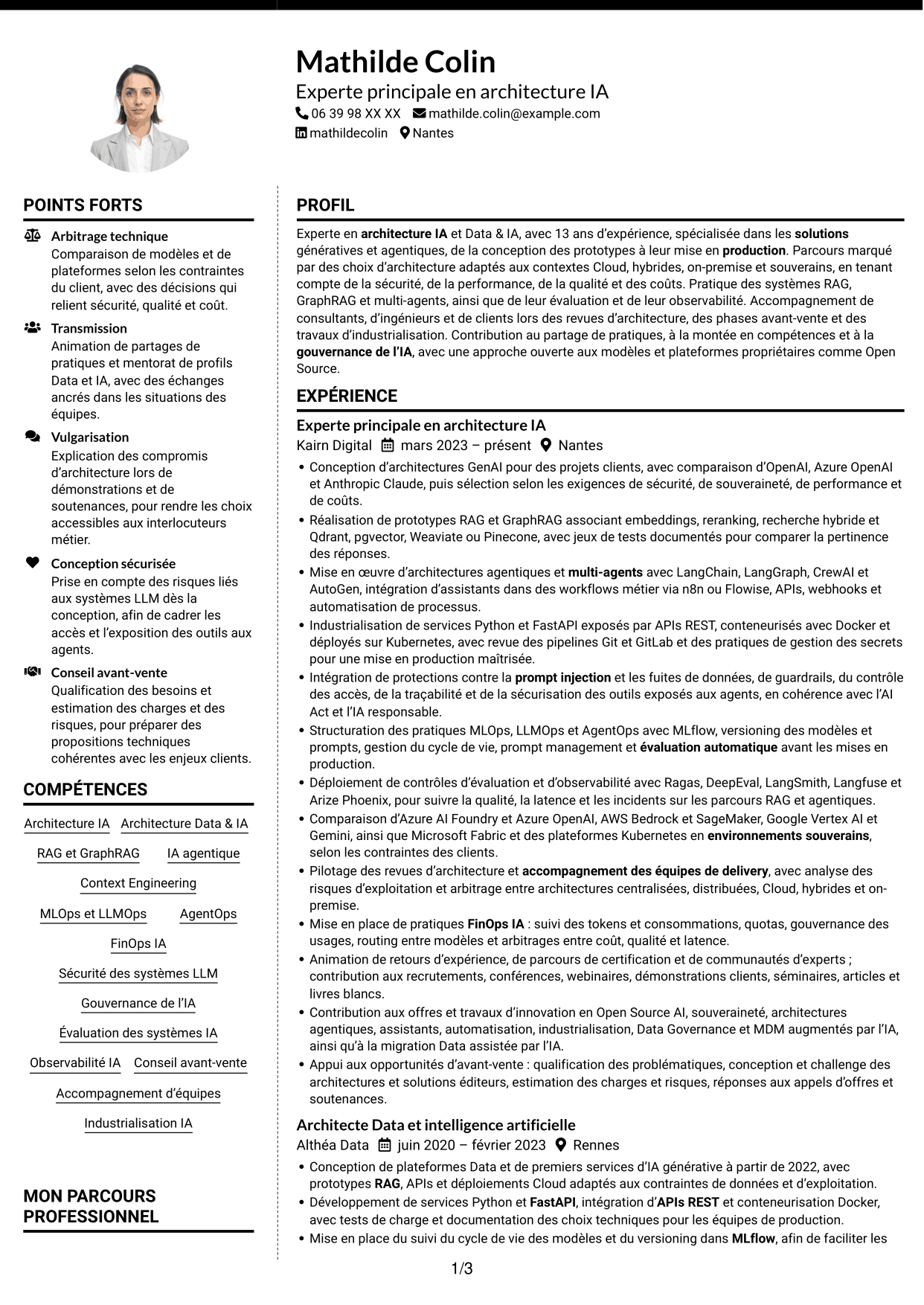 CV Moderne (format à deux colonnes avec photo à gauche et séparateur) : Expert IA - Architecture IA générative et agentique, page 1
