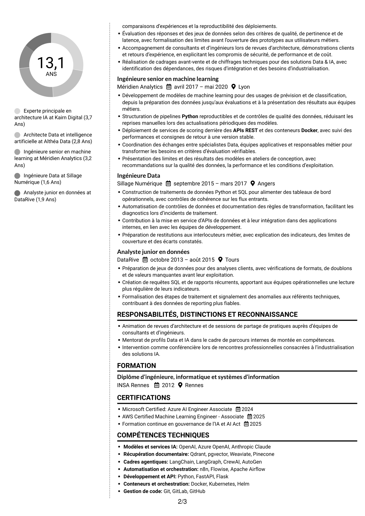 CV Moderne (format à deux colonnes avec photo à gauche et séparateur) : Expert IA - Architecture IA générative et agentique, page 2