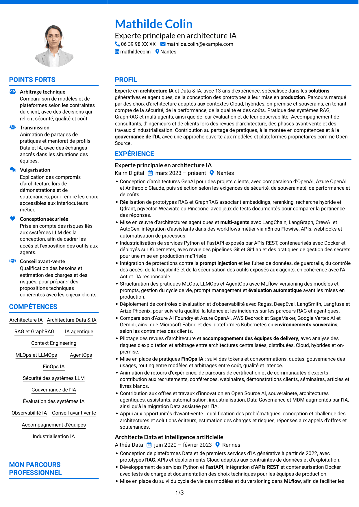 CV Audacieux (format à deux colonnes avec accents colorés et photo) : Expert IA - Architecture IA générative et agentique, page 1