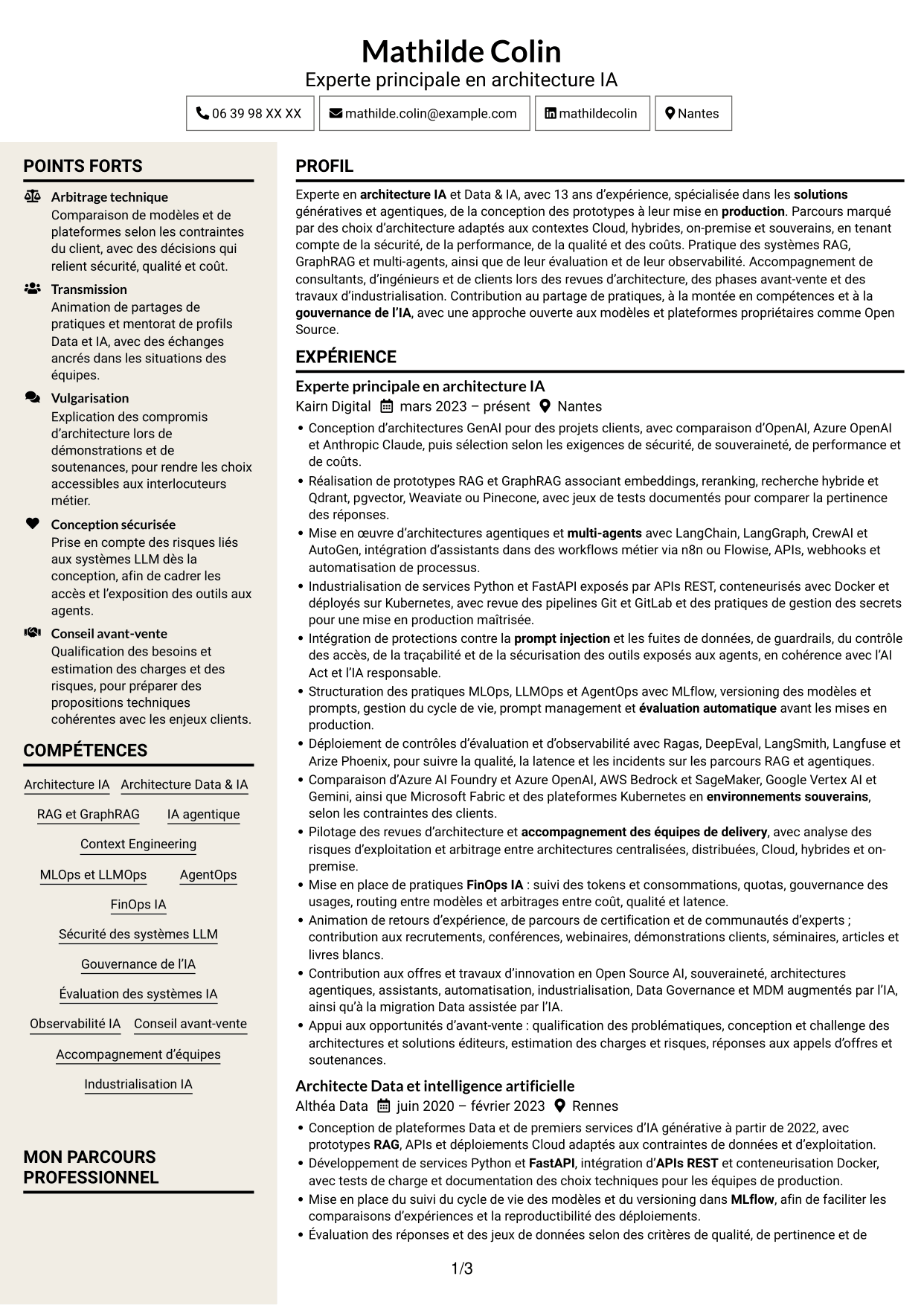 CV Fonceur (format à deux colonnes avec en-tête centré sans photo) : Expert IA - Architecture IA générative et agentique, page 1