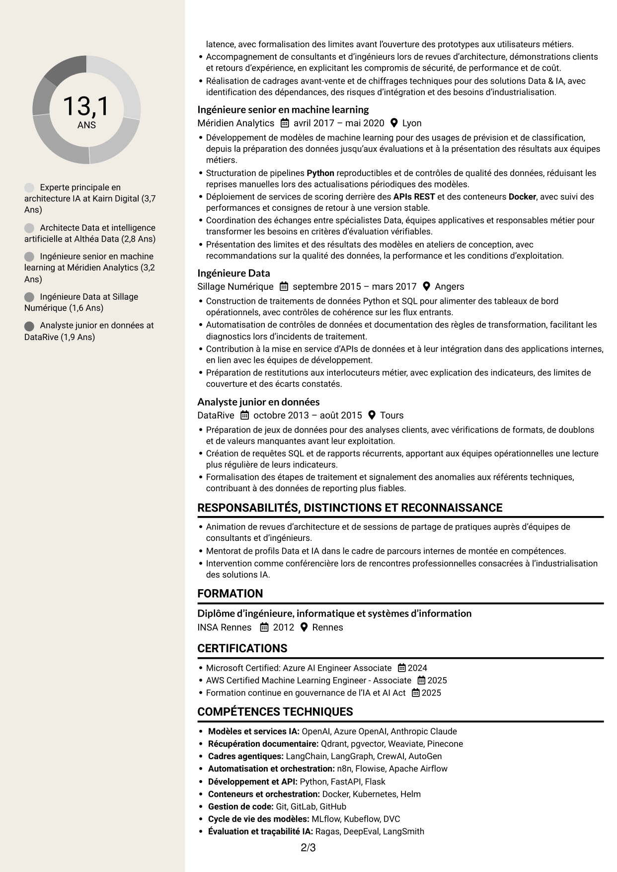 CV Fonceur (format à deux colonnes avec en-tête centré sans photo) : Expert IA - Architecture IA générative et agentique, page 2