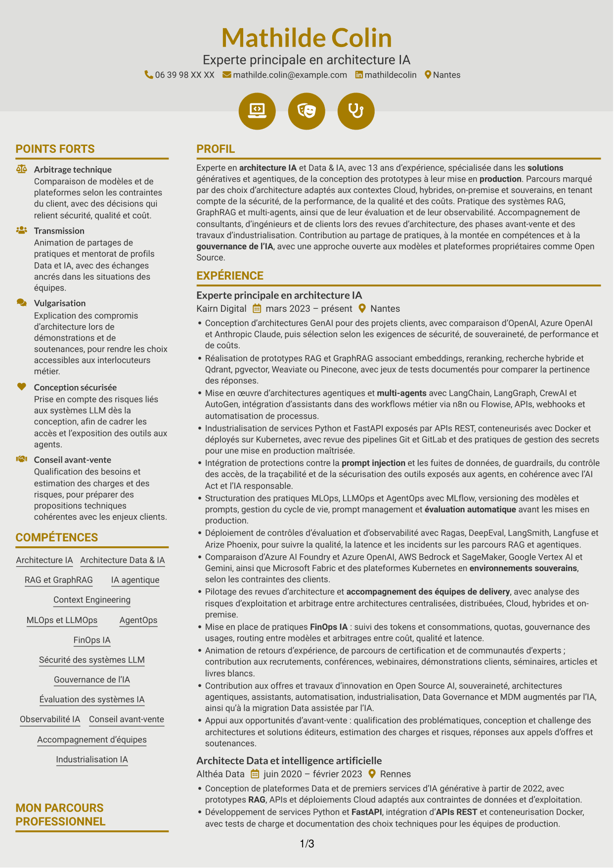 CV Dynamique (format à deux colonnes avec icônes) : Expert IA - Architecture IA générative et agentique, page 1