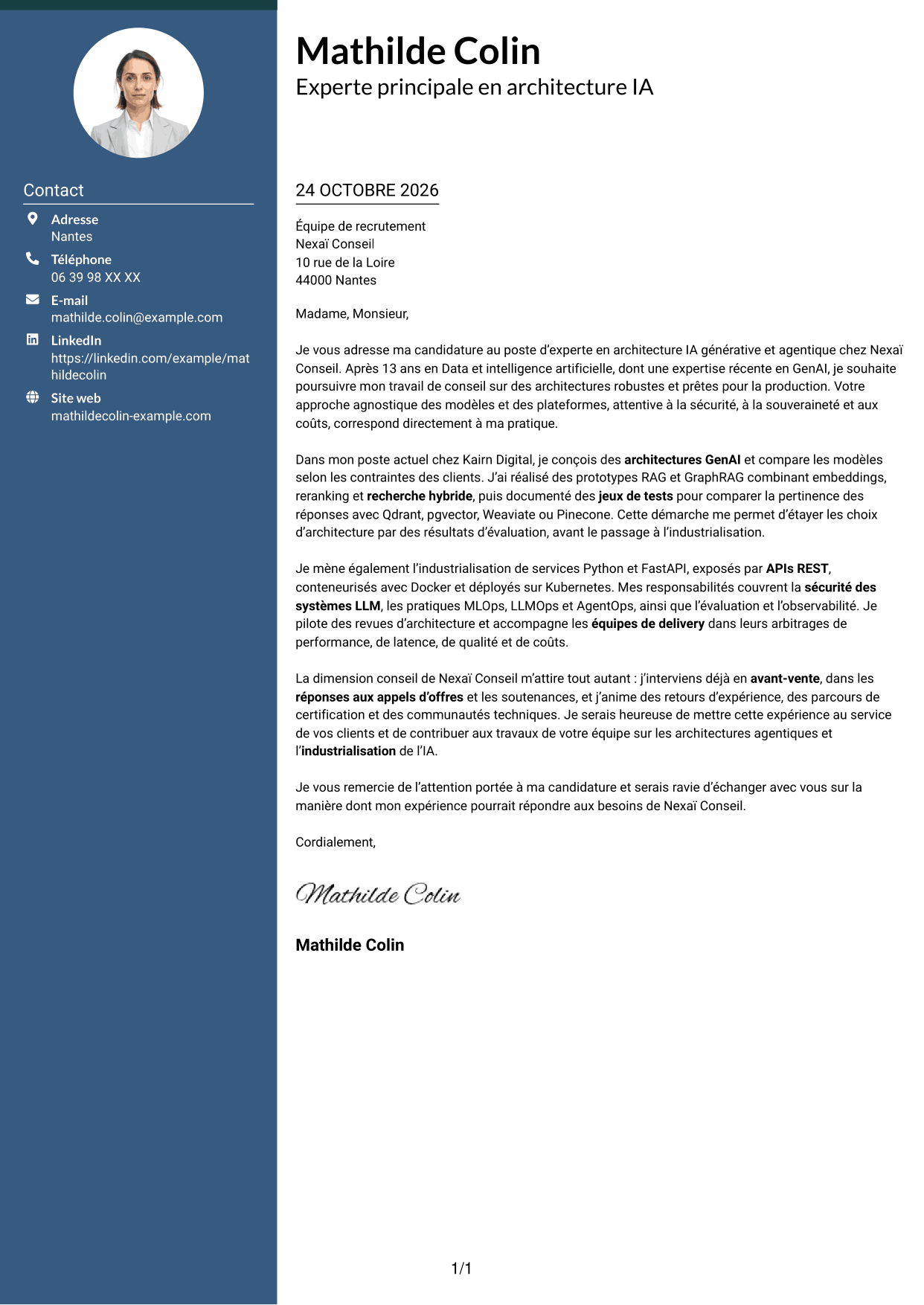 Lettre de motivation Élégant (format à colonne latérale colorée avec photo) : Expert IA - Architecture IA générative et agentique, page 1