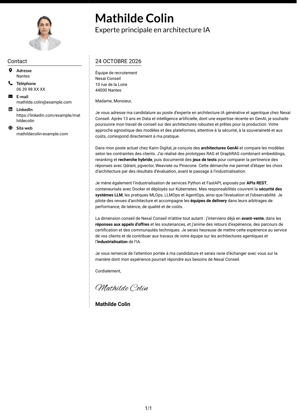 Lettre de motivation Moderne (format à deux colonnes avec photo à gauche et séparateur) : Expert IA - Architecture IA générative et agentique, page 1